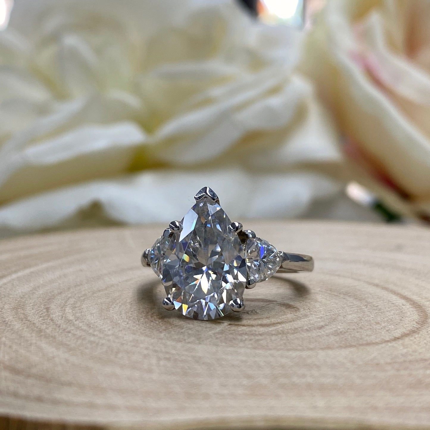 Pear Shaped Moissanite Engagement Ring 14K White Gold #5428, Pear Cut Vintage Three Stone Moissanite Diamond Engagement Ring For Women