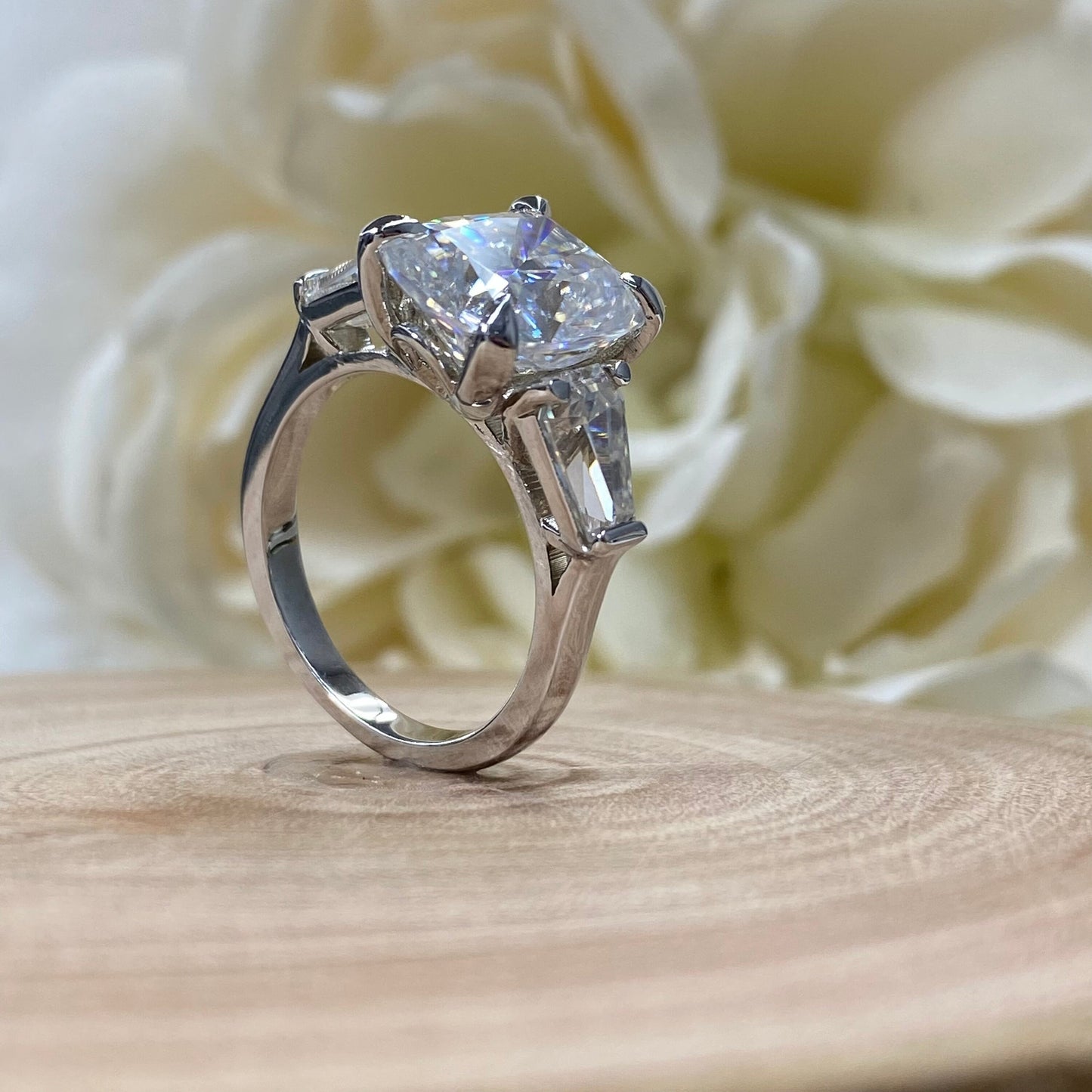 Certified Moissanite Elongated Cushion Cut Engagement Ring With Trapezoid Sides In 14K White Gold