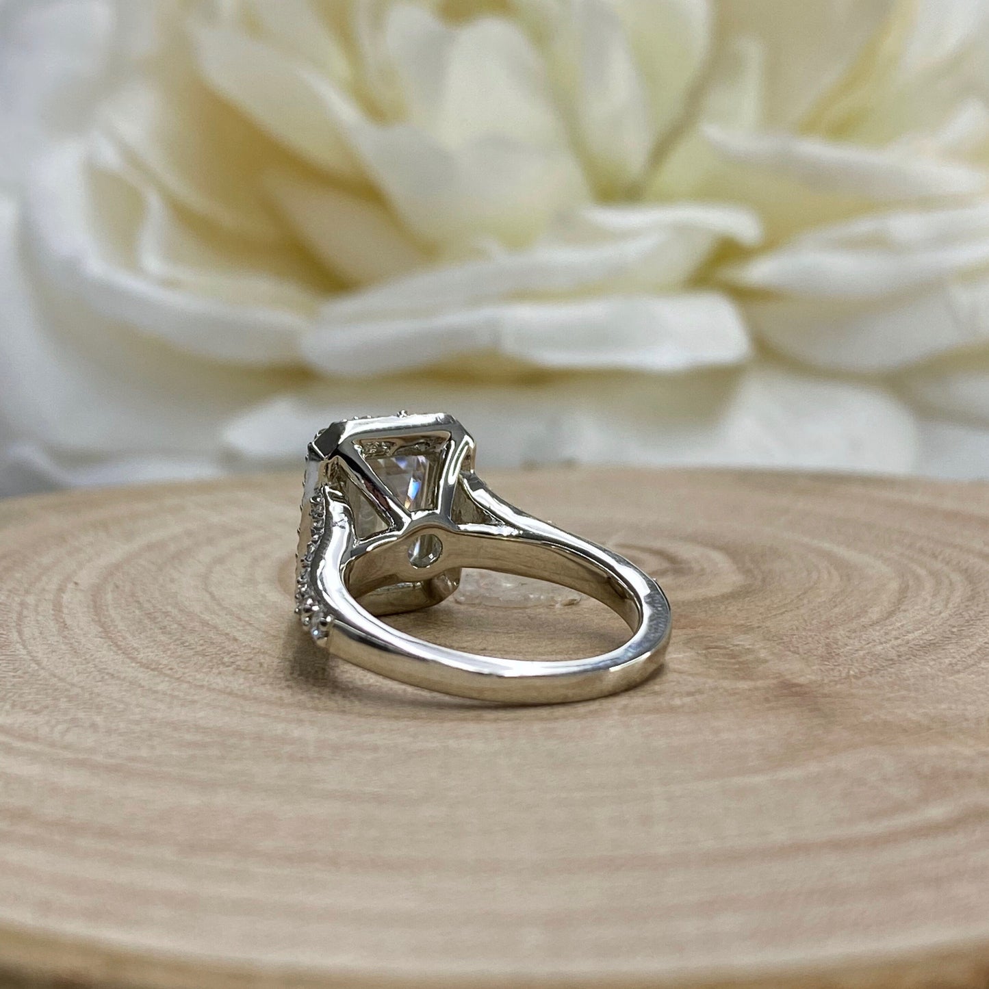 Certified Moissanite Emerald Cut With Halo Engagement Ring, Promise Ring, Wedding Ring 14K White Gold