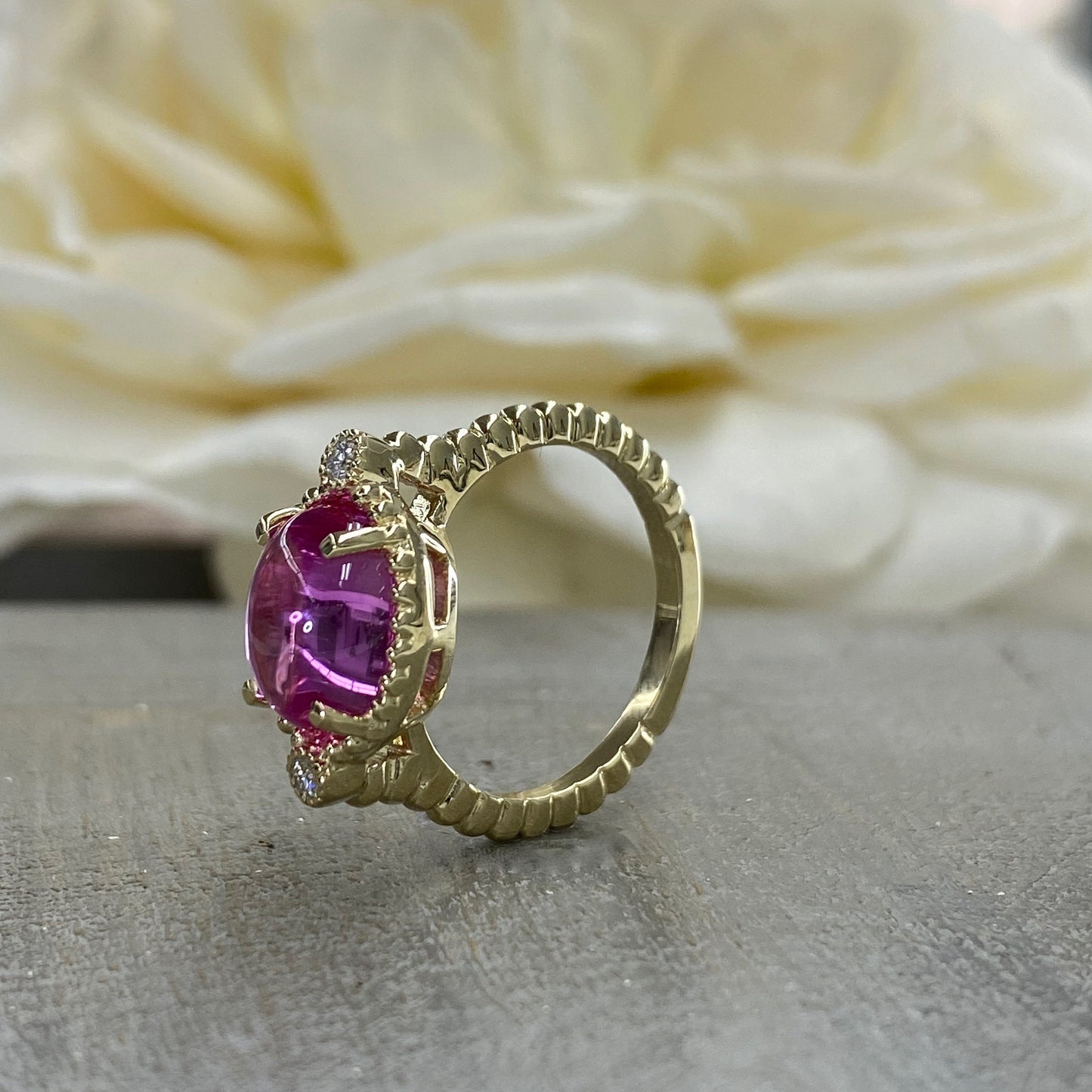 Oval Pink Engagement Ring 14K Yellow Gold Pink Sapphire Three Stone Ring For Women, Unique Cabochon Pink Sapphire Engagement Rings, #7217