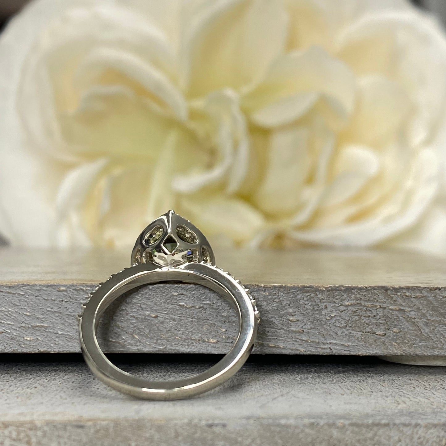 Green Sapphire Engagement Ring 14K White Gold Trillion Green Sapphire Moissanite Halo Engagement Ring For Women, Unique Sapphire Ring, #7235