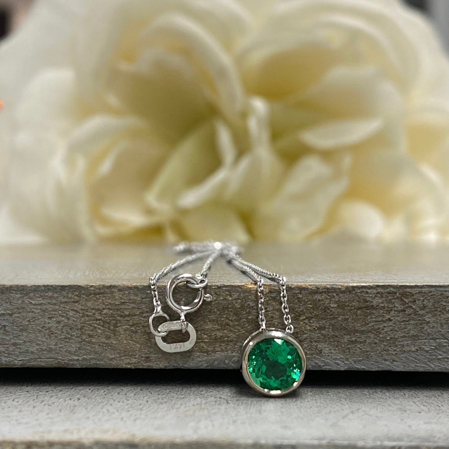 Emerald floating pendant, bezel set emerald necklace 14k white gold ,18 inch diamond cut cable chain #5935