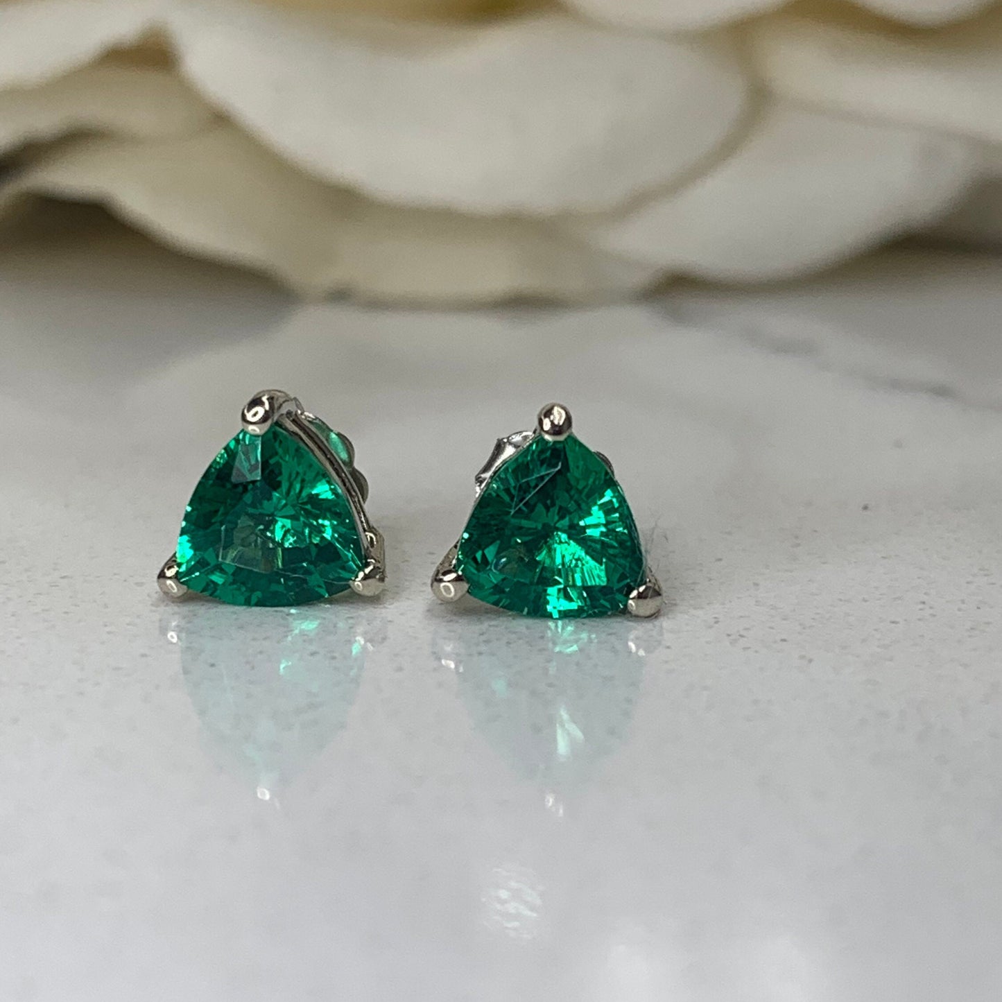 Trillion Shape Emerald Stud Earrings 14K White Gold, Triangle Shape Stud Earrings Unisex Holiday Earrings Simple Emerald Stud Earrings 7240