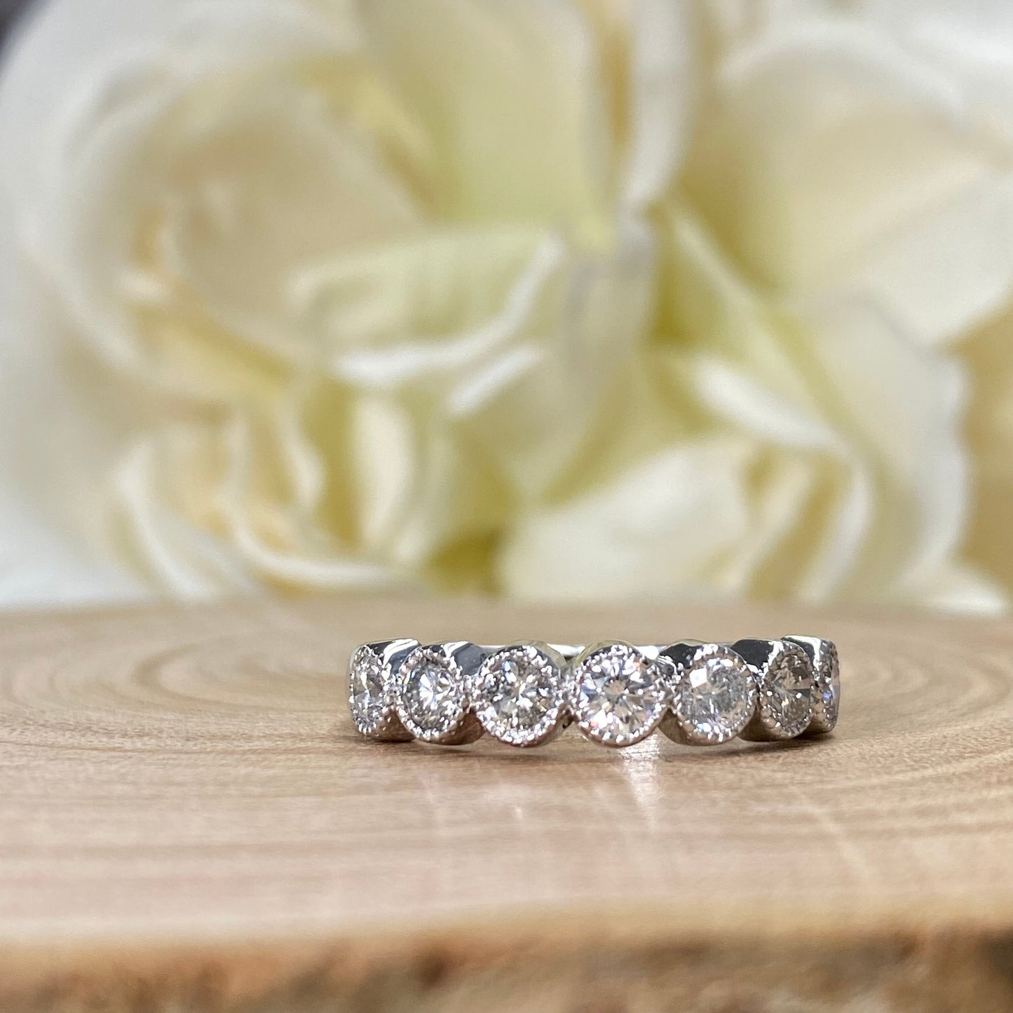 Diamond Wedding Band For Women 14K White Gold, Seven Stone Bezel Set Halo Diamond Wedding Bands, Unique Diamond Stacking Wedding Bands #4293