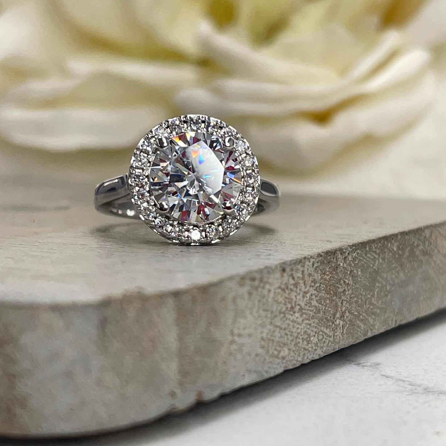 Round Moissanite Halo Engagement Ring 14K White Gold, Forever One Moissanite Engagement Ring, Unique Vintage Wedding Ring Halo For Women