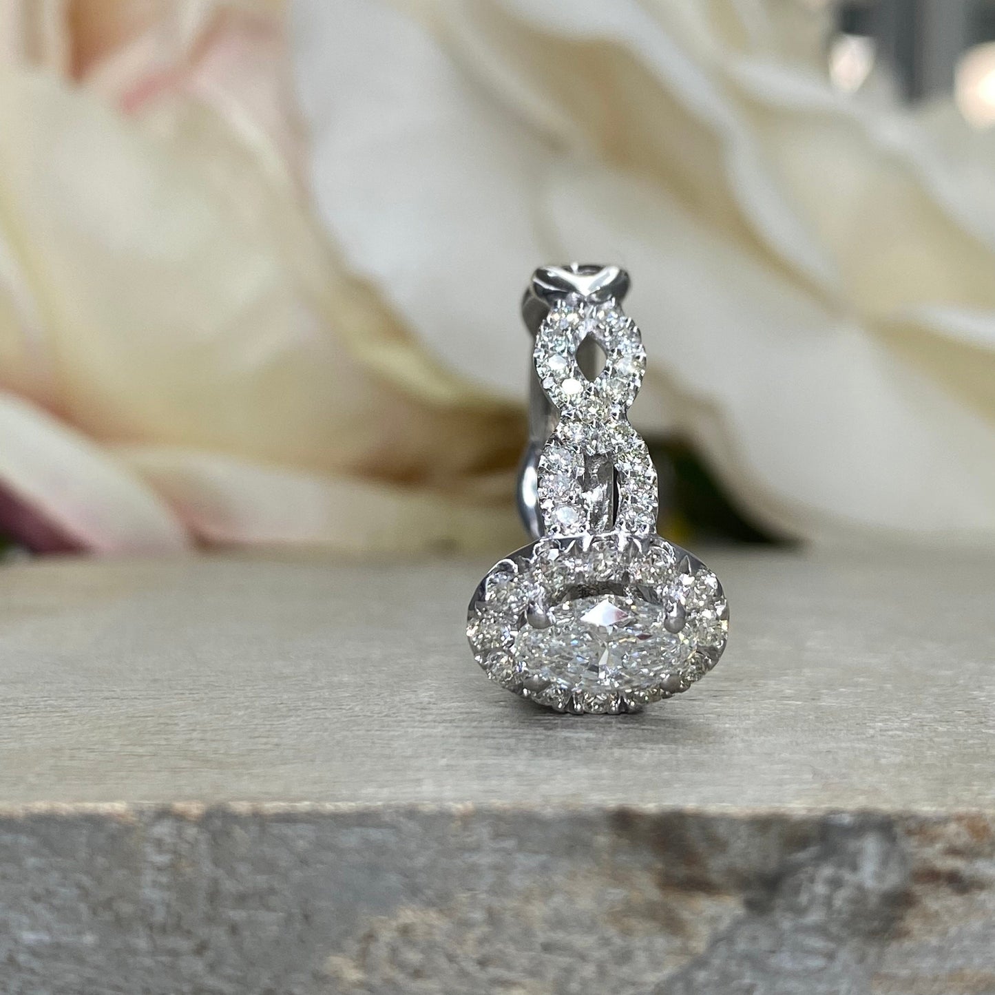 Genuine Oval Diamond Ring 14K White Gold, Vintage Style Twist Band Diamond Engagement Ring , Oval Diamond Halo Wedding Ring For Women #3851