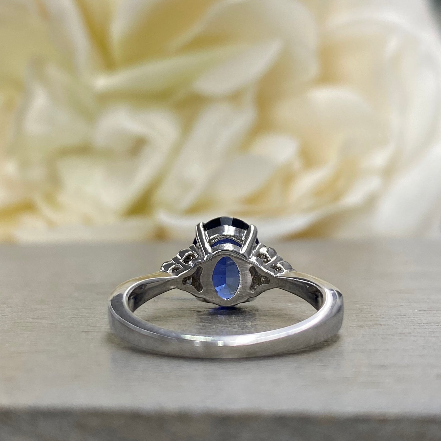 Oval Blue Sapphire And Diamond Ring 14K White Gold , Oval Cluster Sapphire Ring For Ladies , Unique Oval Blue Sapphire Engagement Ring #5606