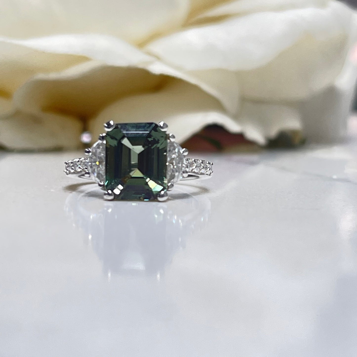 Olive Green Sapphire Engagement Ring 14K White Gold, Emerald Cut Green Sapphire With Moissanite Engagement Rings, Vintage Wedding Ring #7242