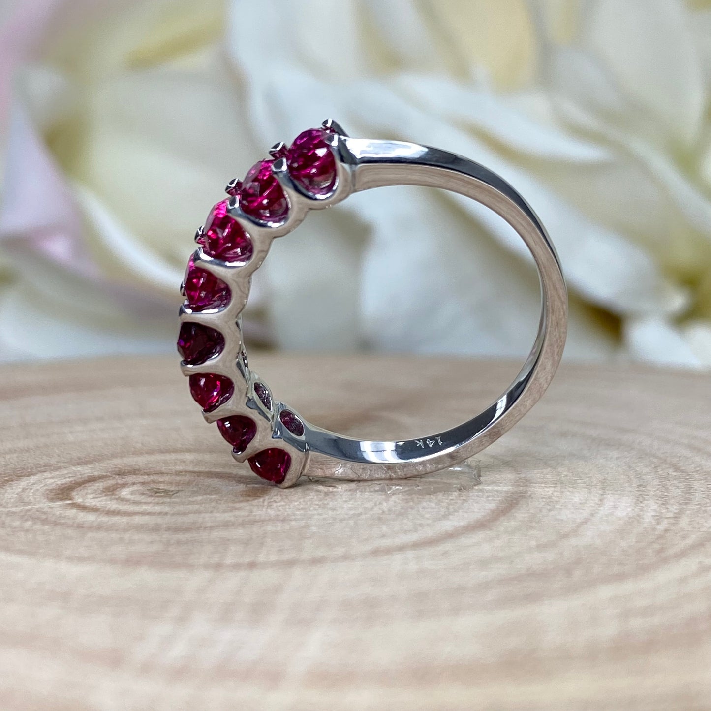 Oval Cut Ruby Eight Stone Wedding Band 14K Yellow Gold Half Eternity Wedding Band Rubies Ladies Rudy Promise Anniversary Wedding Bands #6366