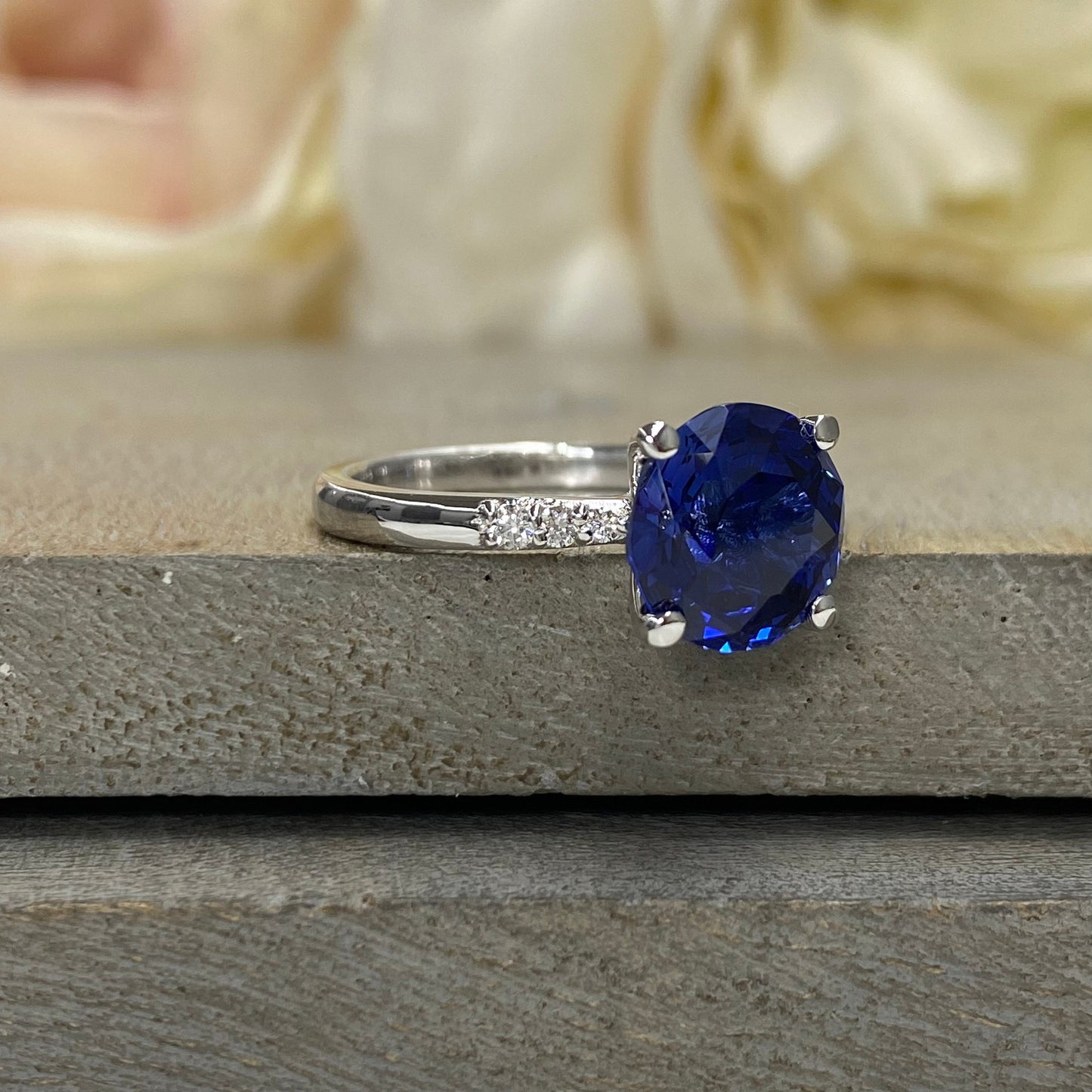Round Blue Sapphire Engagement Ring 14k White Gold, Three Stone Blue Sapphire Engagement Rings , Blue Sapphire Promise Anniversary Ring 7259