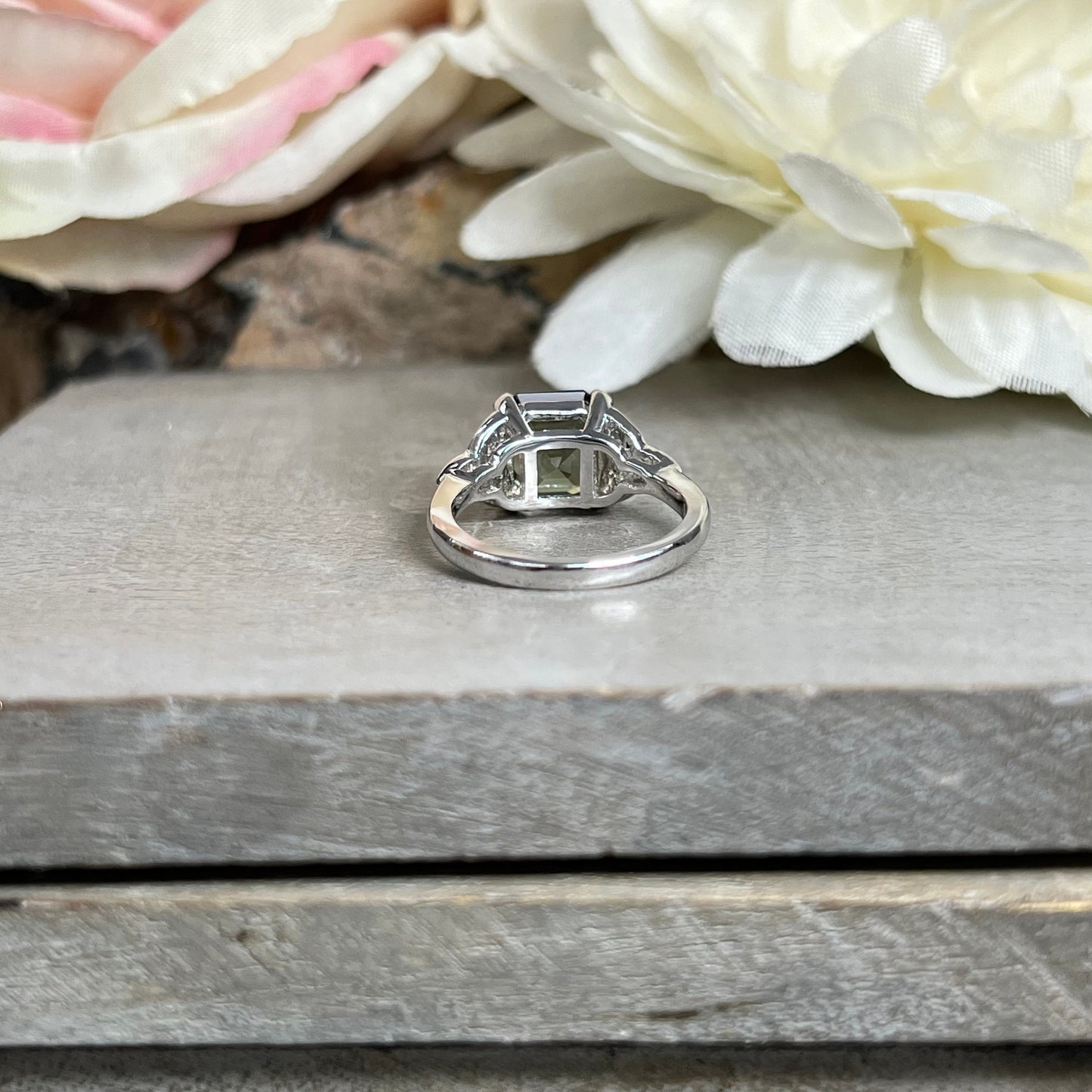 Asscher Cut Olive Green Sapphire Engagement Ring 14K White Gold Unique Olive Green Sapphire Promise Wedding Anniversary Ring For Ladies