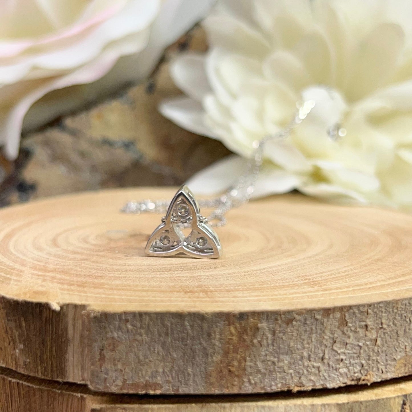 Celtic Necklace Three Stone Moissanite Pendant 14K White Gold Celtic Trinity Pendant Necklace Triangle Necklace Layering Necklace