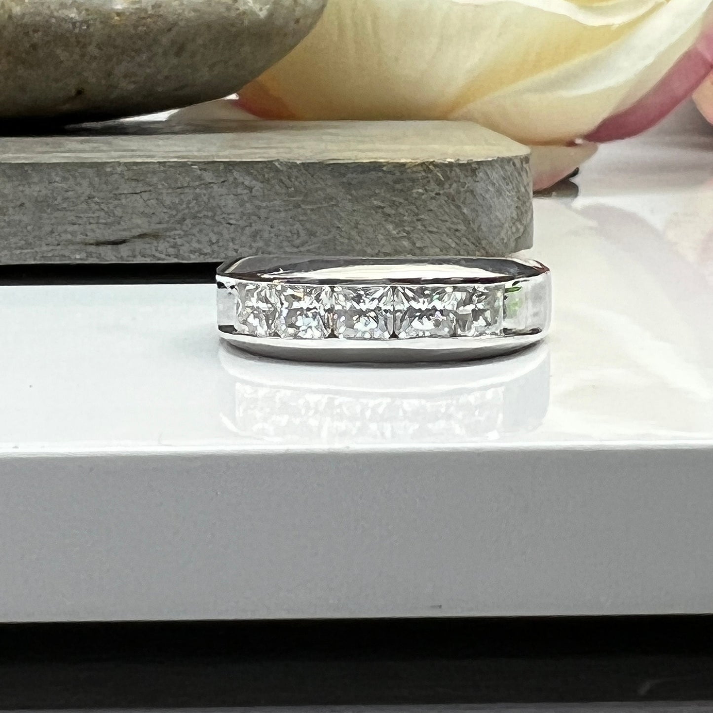 Mens Five Stone Moissanite Wedding Band 14K White Gold Radiant Cut Moissanite Band Ring For Men Unique Mens Promise Ring White Gold #7281