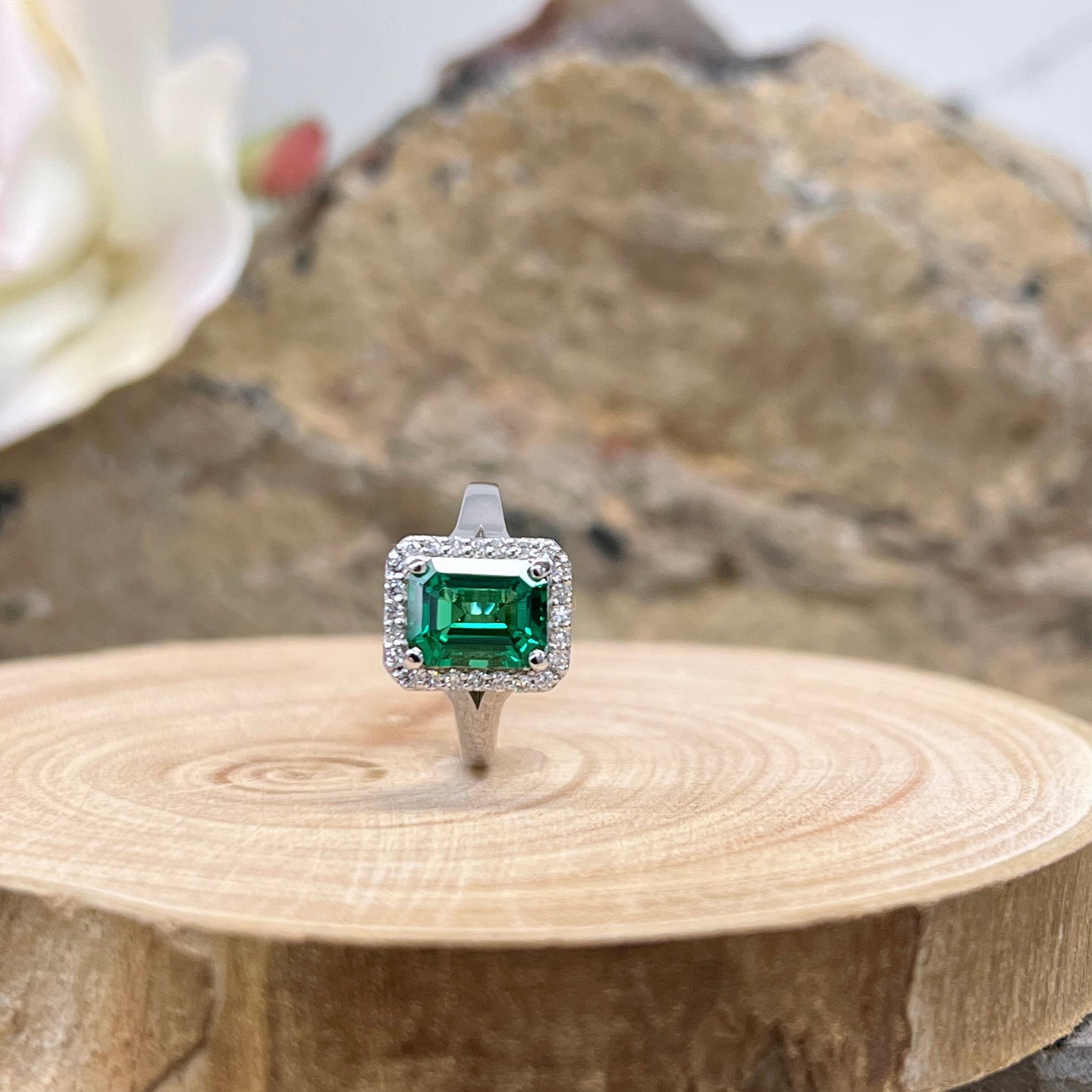 Emerald cut emerald engagement ring with diamond halo set in 14k white gold #5457