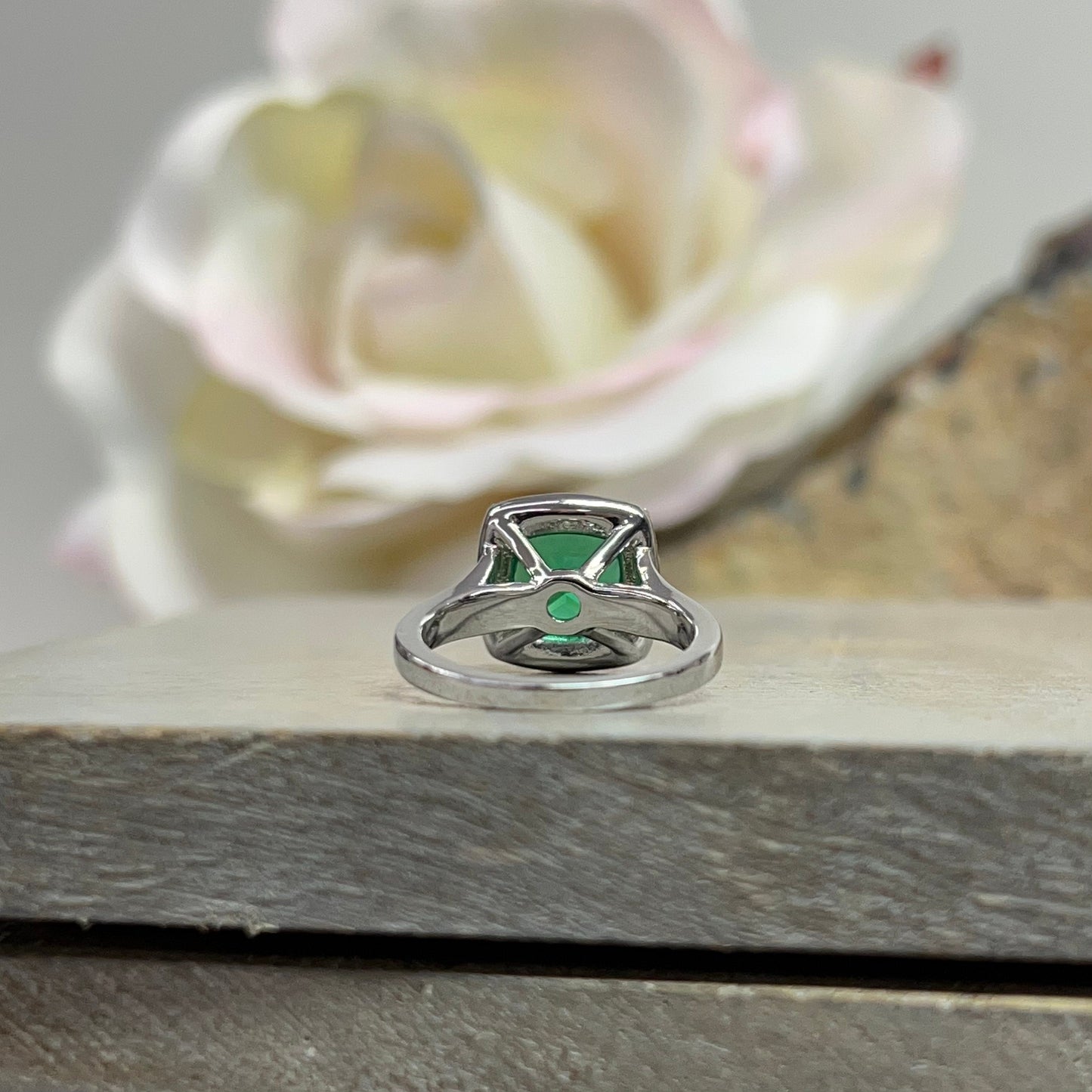 Cushion Cut Emerald And Genuine Diamond Halo Engagement Ring, 14k Gold Emerald And Moissanite Wedding Ring, Ladies May Birthstone Ring 5459