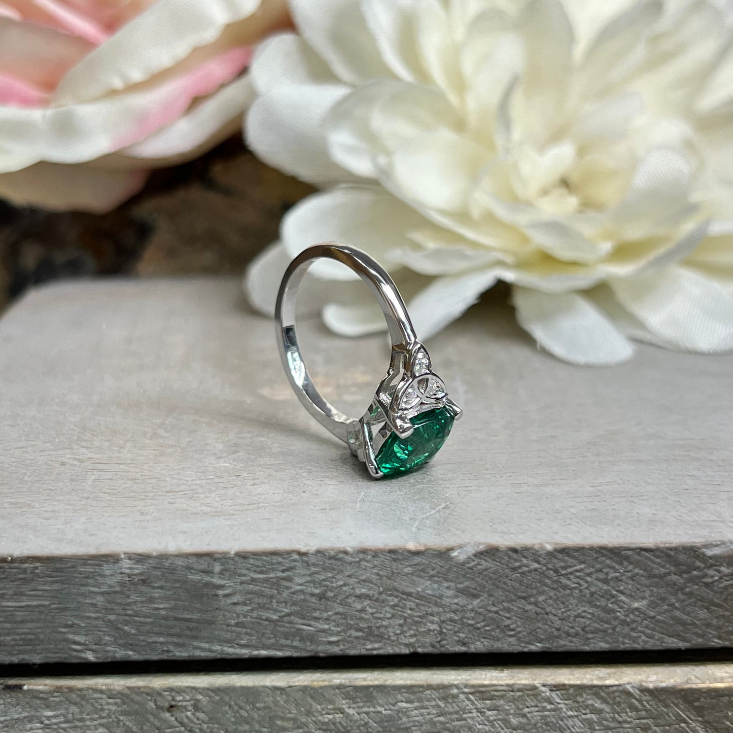 Cushion Cut Emerald Engagement Ring 14K Yellow Gold Green Emerald Celtic Engagement Rings Moissanite Celtic Gold Wedding Promise Ring #7297