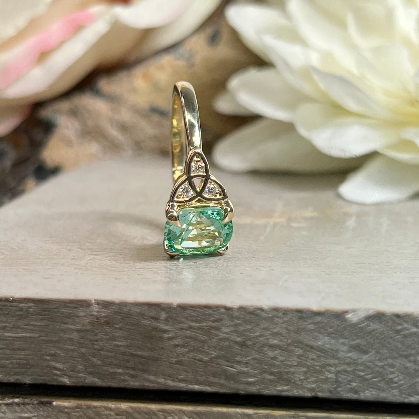 Green Paraiba Engagement Ring 14K White Gold Green Cushion Cut Celtic Engagement Ring Moissanite Celtic Gold Wedding Promise Ring #7301