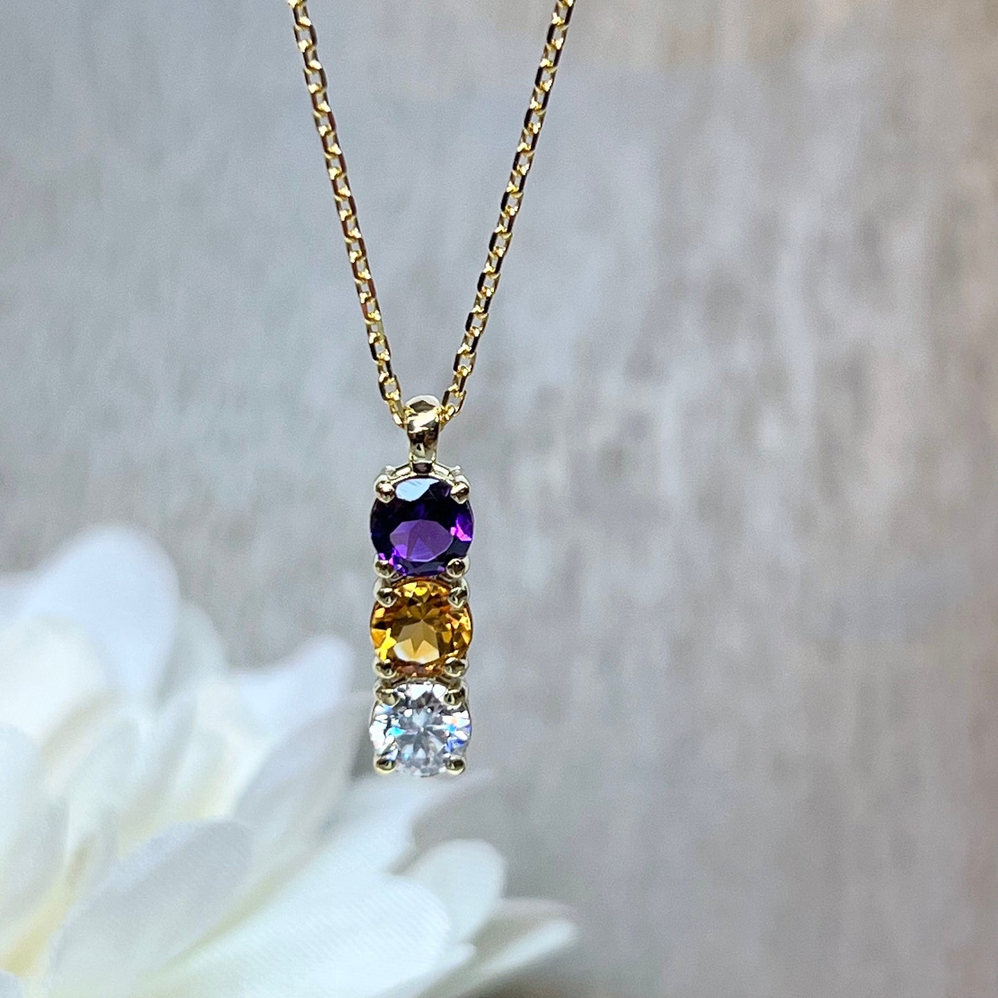 Mama Necklace Three Stone Birthstone Pendant Necklace, 14K Yellow Gold Birthstone Necklace for Mom, Bar Necklace Multi Stone Pendant #7119