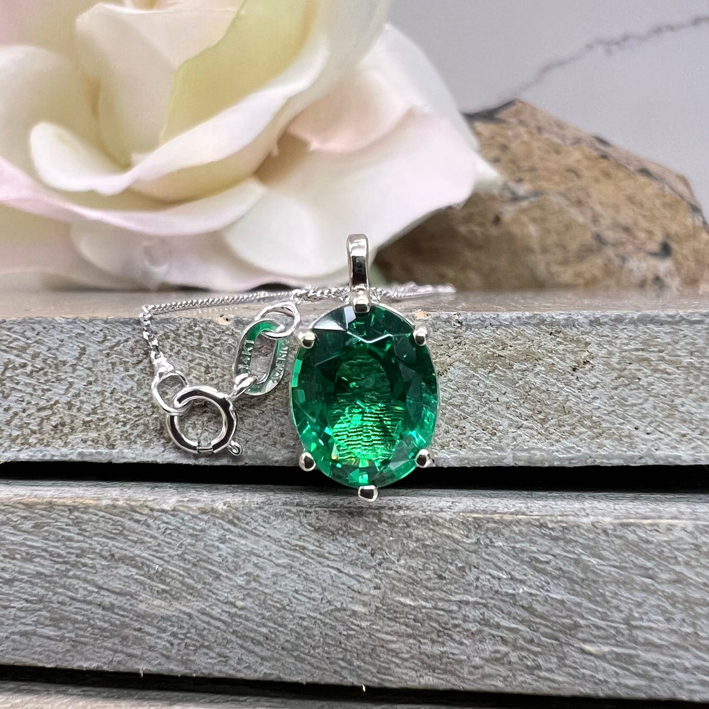 Personalized Engraved Necklace Birthstone Mothers Necklace Personalized 14K White Gold Gemstone Personalized Delicate Emerald Necklace #7331