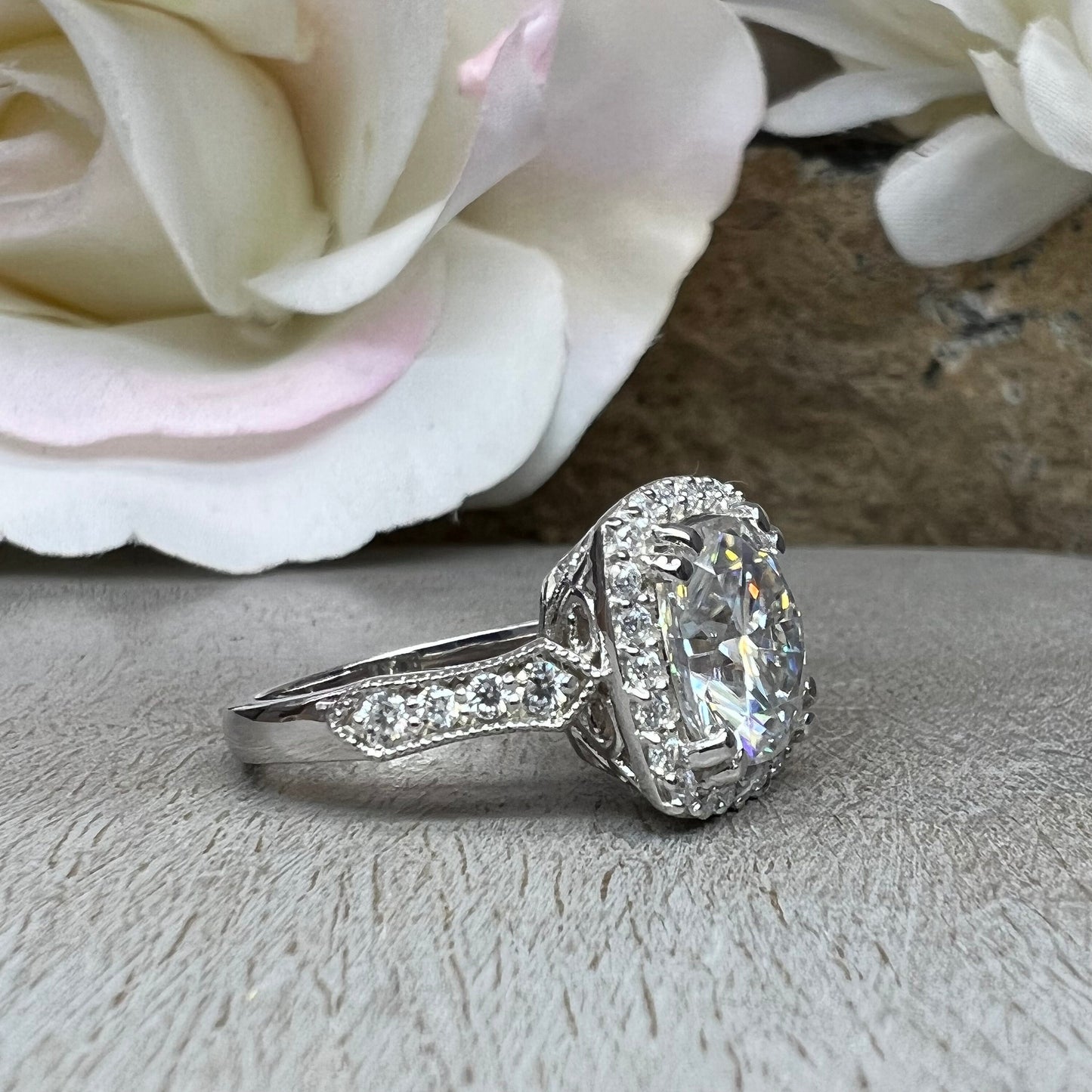 Moissanite Engagement Ring 14k White Gold , Cushion Cut Moissanite Promise Ring For Her , Unique Vintage Halo Anniversary Bridal Ring #7333