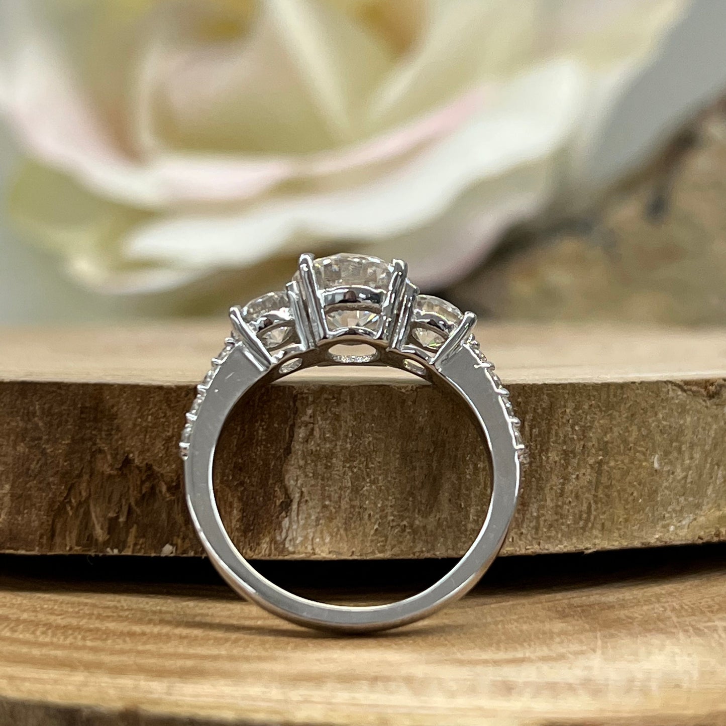 Moissanite Engagement Ring Three Stone Round 14K Solid White Gold For Women, Vintage Unique Engagement Ring, Simple Three Stone Ring, #6659