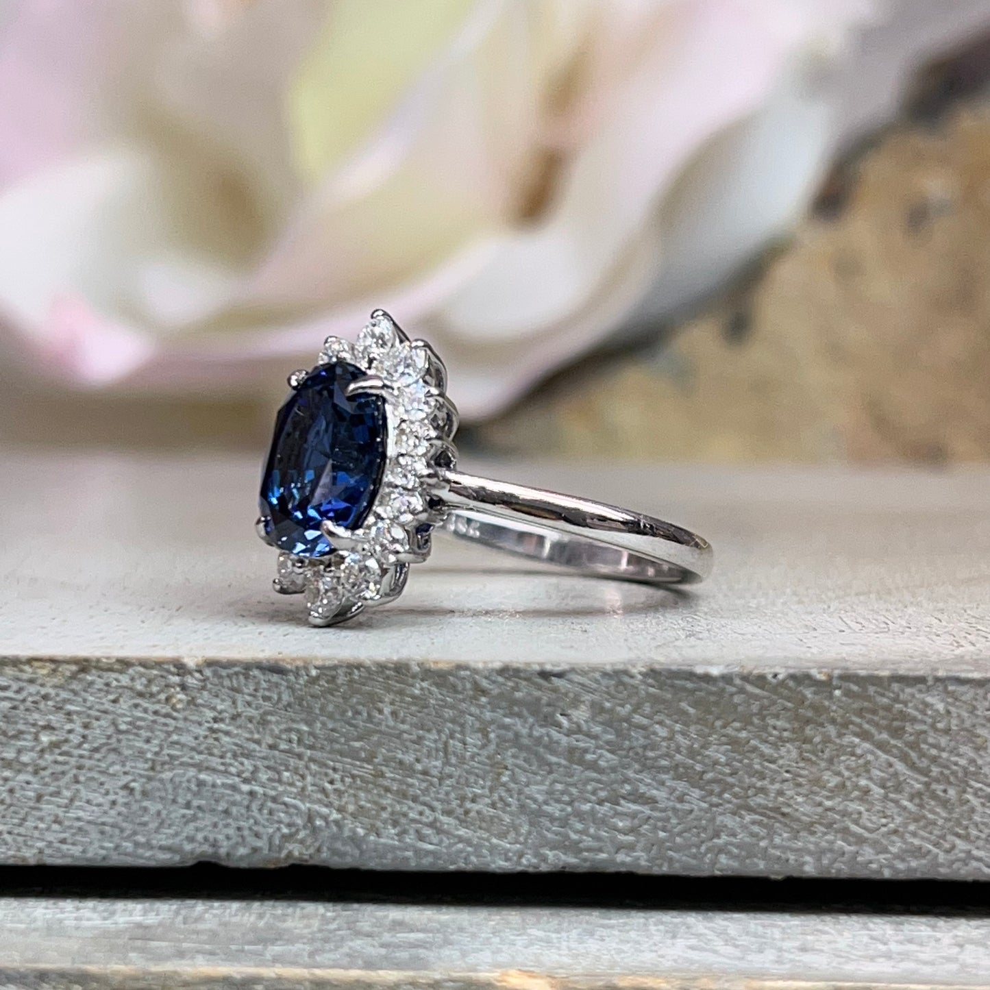 Oval Blue Sapphire Ring, 14K White Gold Halo Ring, Gatsby Style Ring With Moissanite, Blue Sapphire Ring With Moissanite Halo #6603