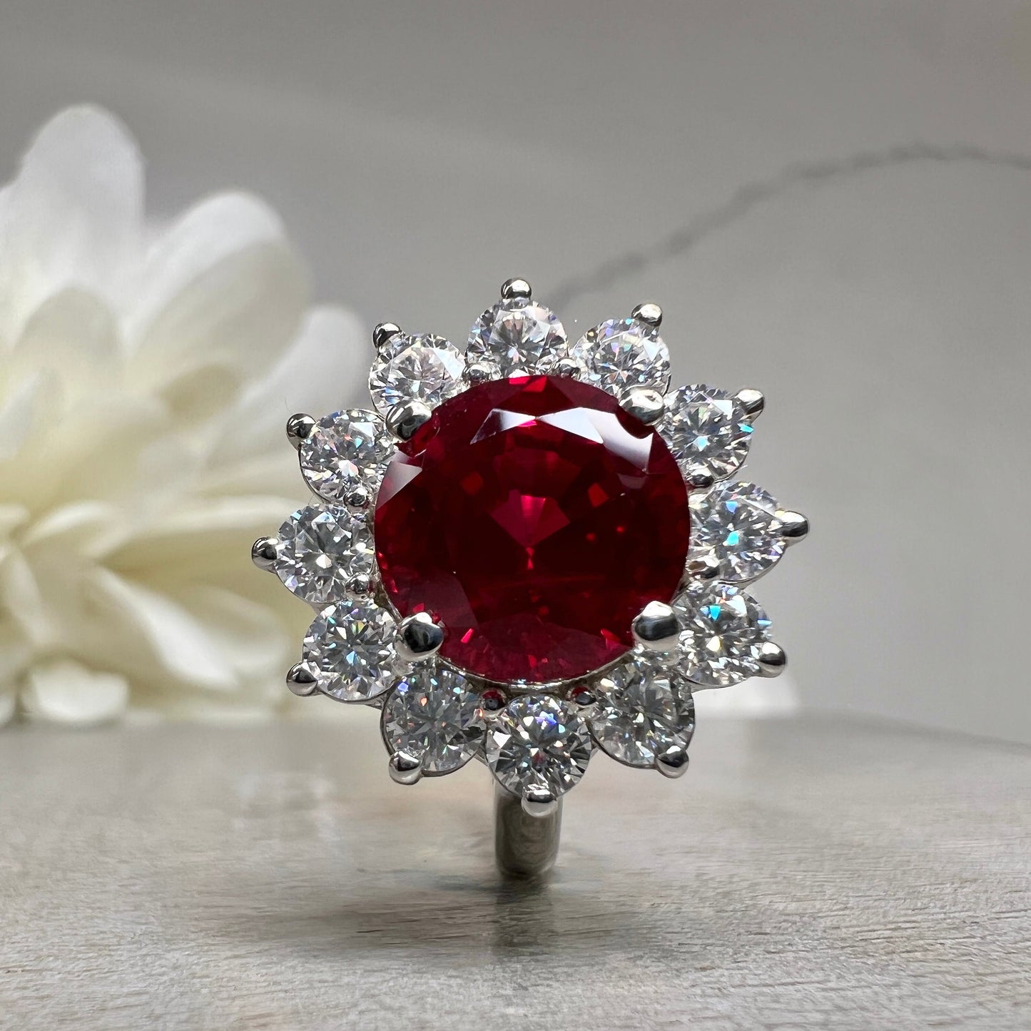 Ruby Halo Engagement Ring White Gold Round Ruby Moissanite Halo Engagement Rings Vintage Ruby Promise Anniversary Wedding Ladies Ring #7348