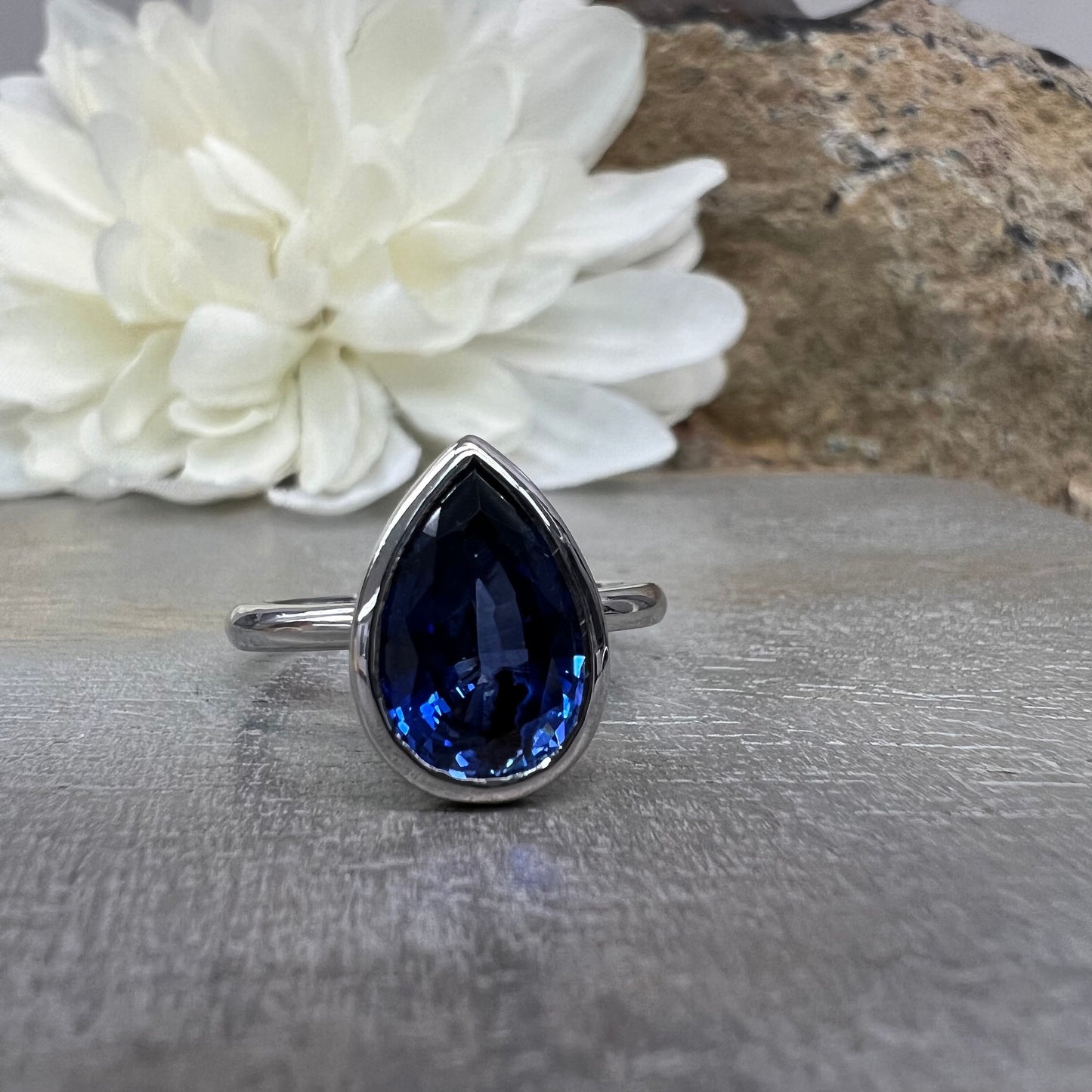 Pear Shaped Blue Sapphire Engagement RING 14K White Gold Pear Shape Bezel Set Blue Sapphire Solitaire Wedding Anniversary Promise Ring #7328