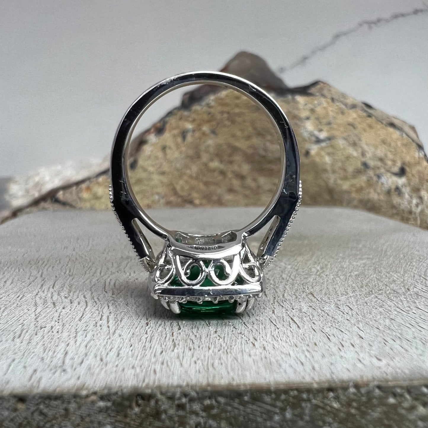 Cushion Cut Emerald And Diamond Engagement Ring. Emerald Ring With Round Moissanite Accents, 14K Yellow Gold Emerald And Diamond Ring #6416