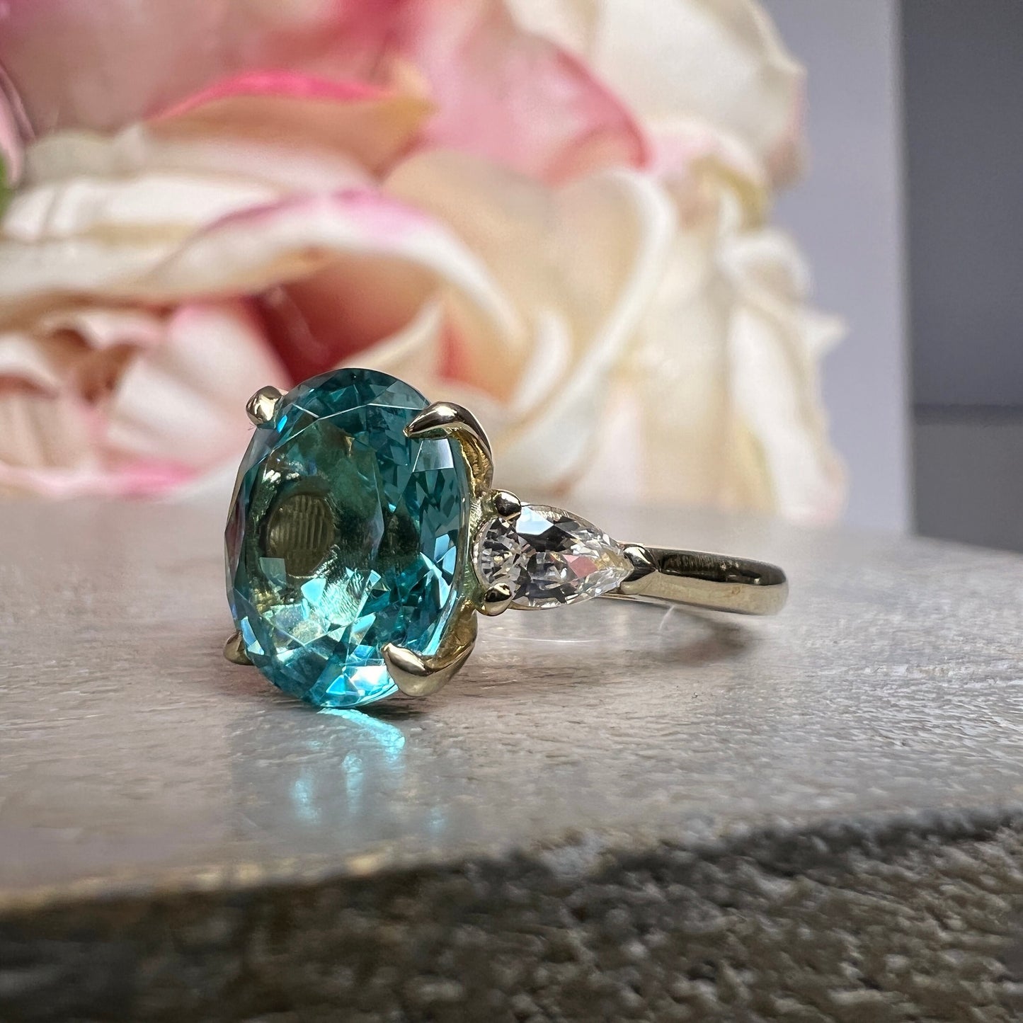 Oval Engagement Ring / Neon Blue Paraiba Ring / White Sapphire Pear Shape Ring / Unique Ring / 14k Yellow Gold #6486
