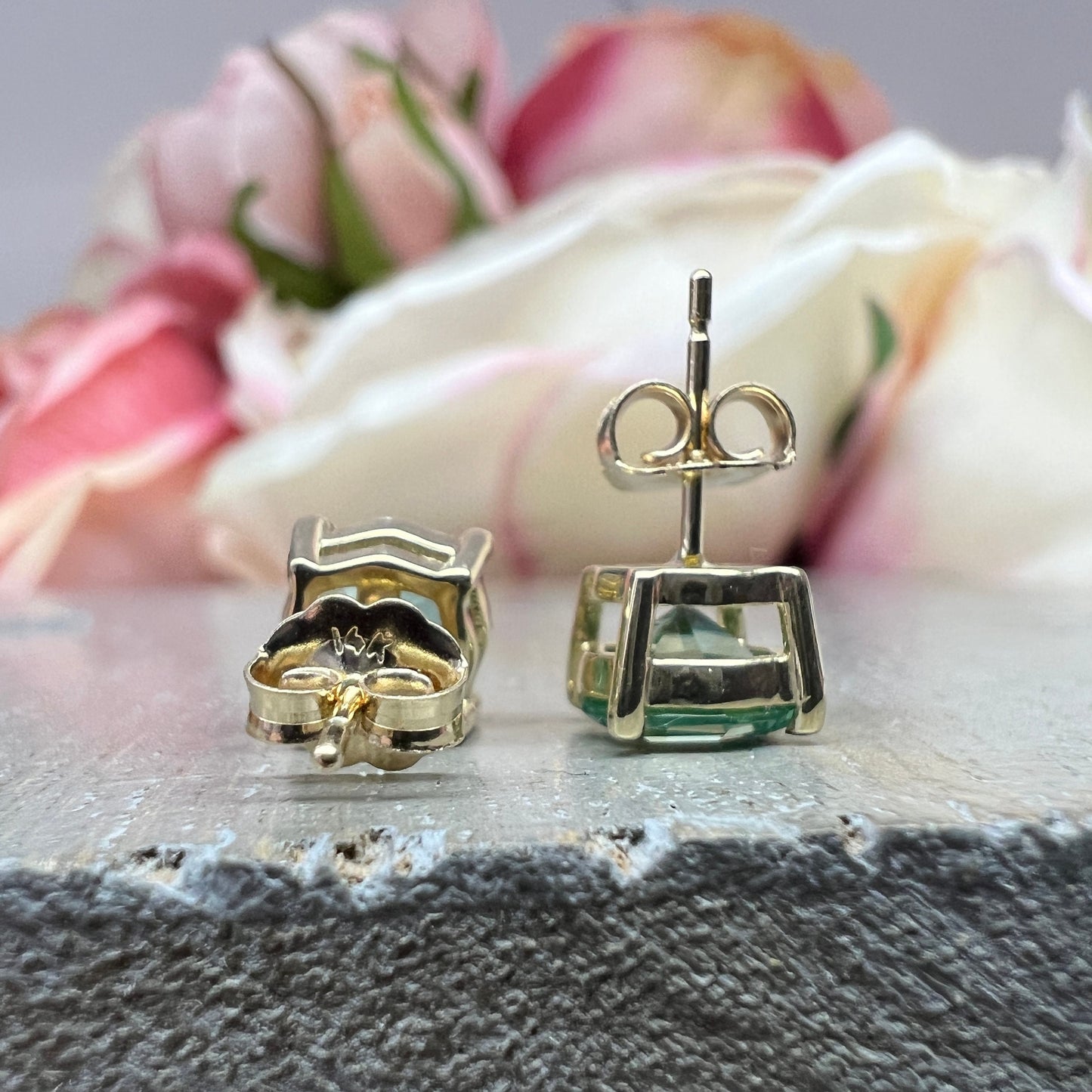 Green Paraiba Stud Earring, web cut Octagon Earring 14k Yellow Gold, Paraiba tourmaline minimalist earrings, everyday small earrings, #6278