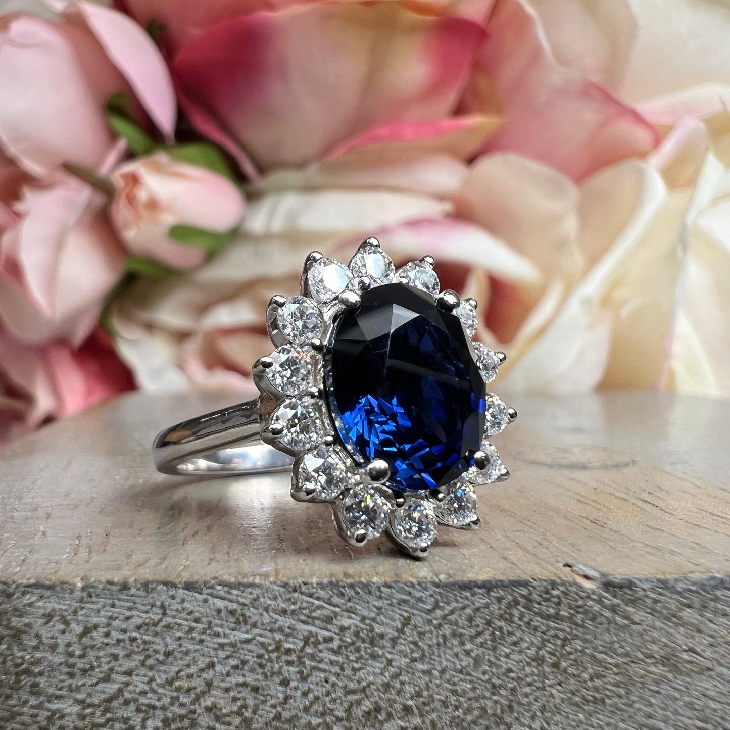 Moissanite Halo Ring, Oval Blue Sapphire Engagement Ring, Blue Sapphire and Moissanite Ring, 14k Gold Ladies Ring, Birthstone Ring, #6248