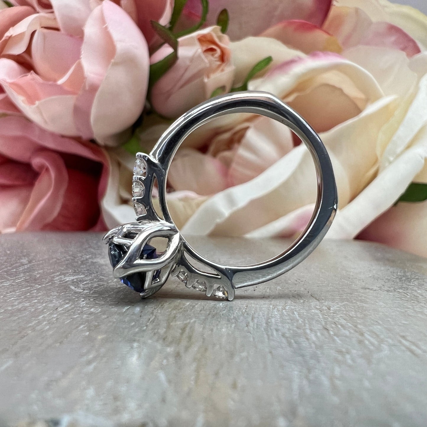 Oval Blue Sapphire Diamond Accents Engagement Ring 14k White Gold Oval Sapphire Wedding Ring Women Unique Anniversary Wedding Rings #5398