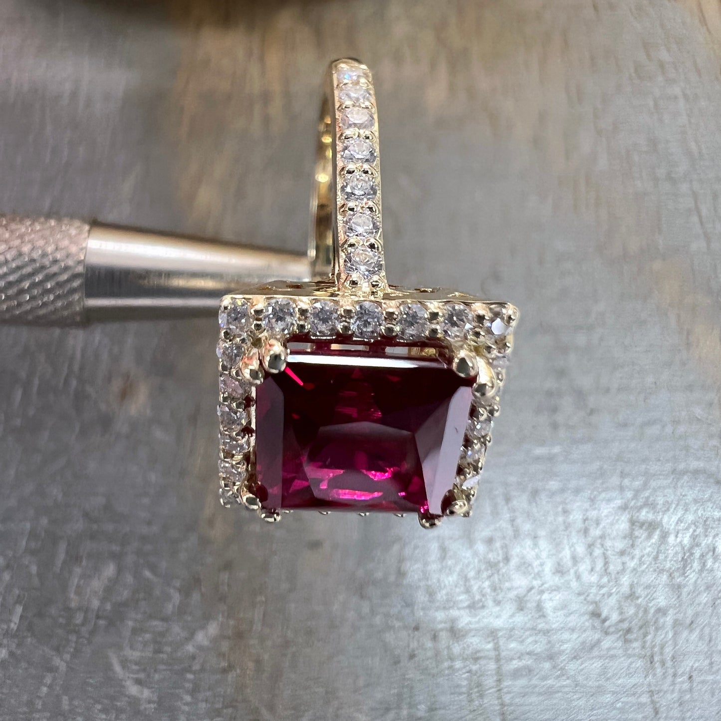 Vintage Ruby Princess Shaped  Engagement Ring Yellow Gold Unique Gold Ruby Ring With Moissanite Halo Anniversary Promise Wedding Ring  #7385