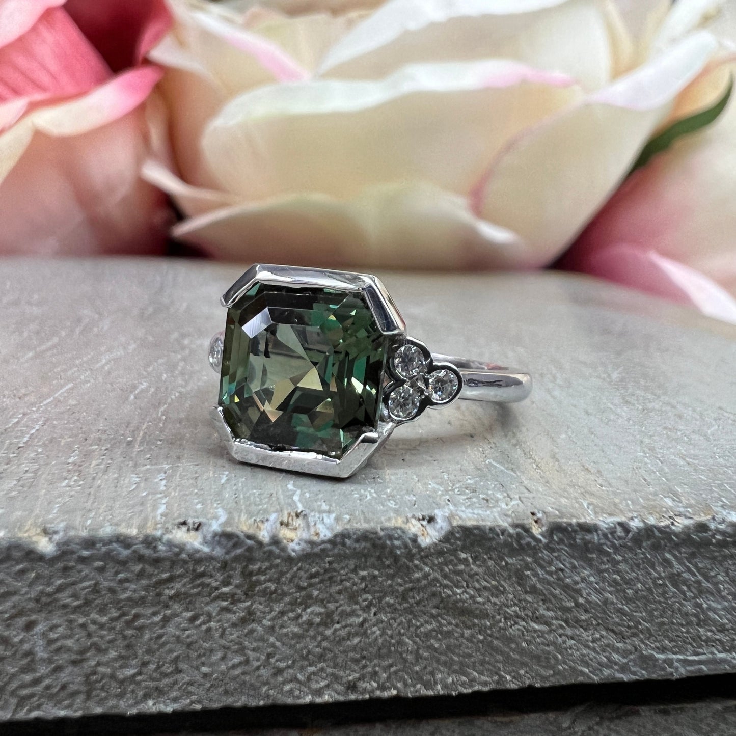 Olive Green Asscher Cut Sapphire Engagement Ring White Gold Green Sapphire Ring For Women Unique Wedding Promise Anniversary Rings #7387