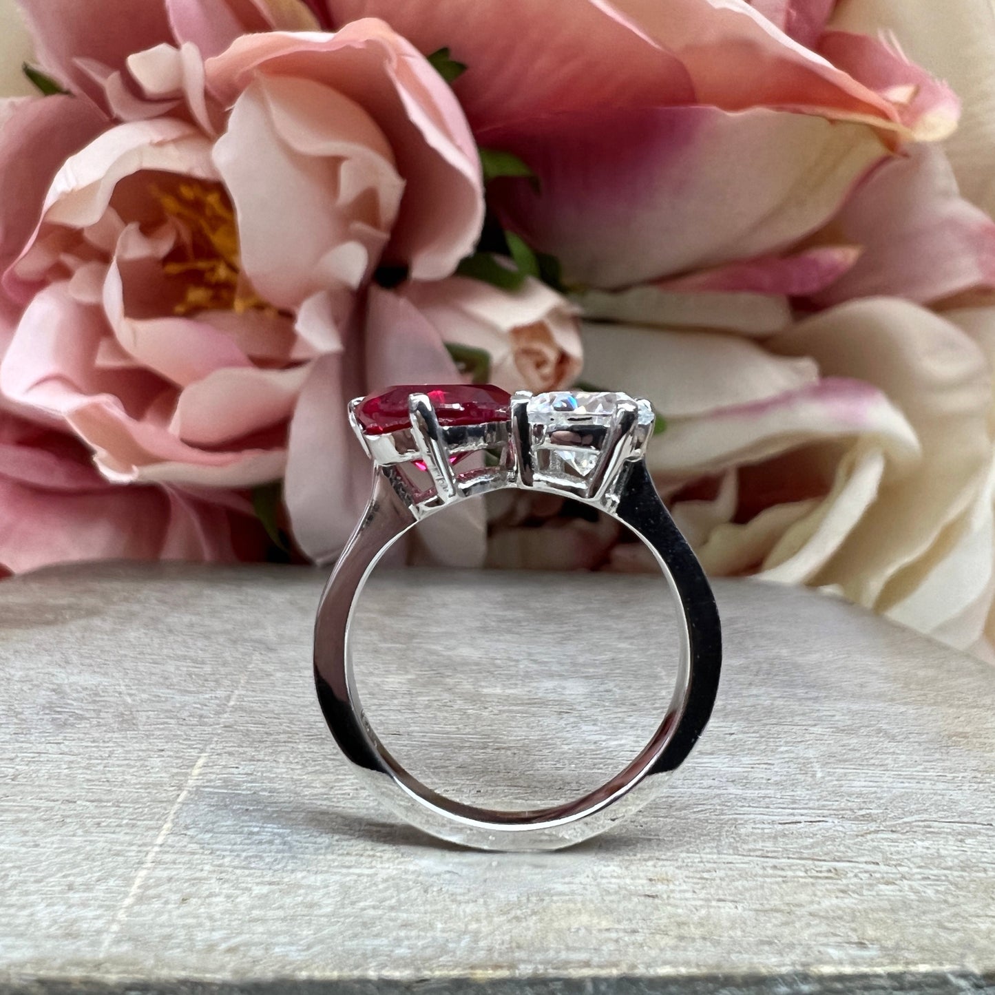 Toi Et Moi Ring Pear Ruby and Round Cut Moissanite Engagement Ring White Gold Two Stone Ring Unique Anniversary Wedding Promise Ring #7390