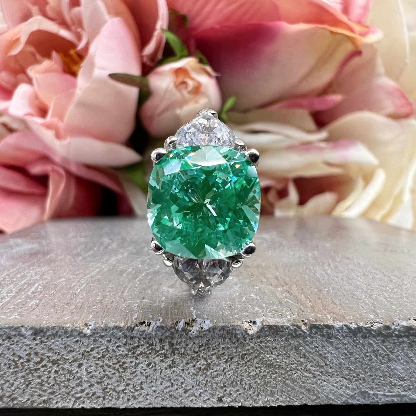 Cushion cut paraiba tourmaline engagement ring 14K white gold, three stone green unique vintage style paraiba tourmaline wedding ring, #7498