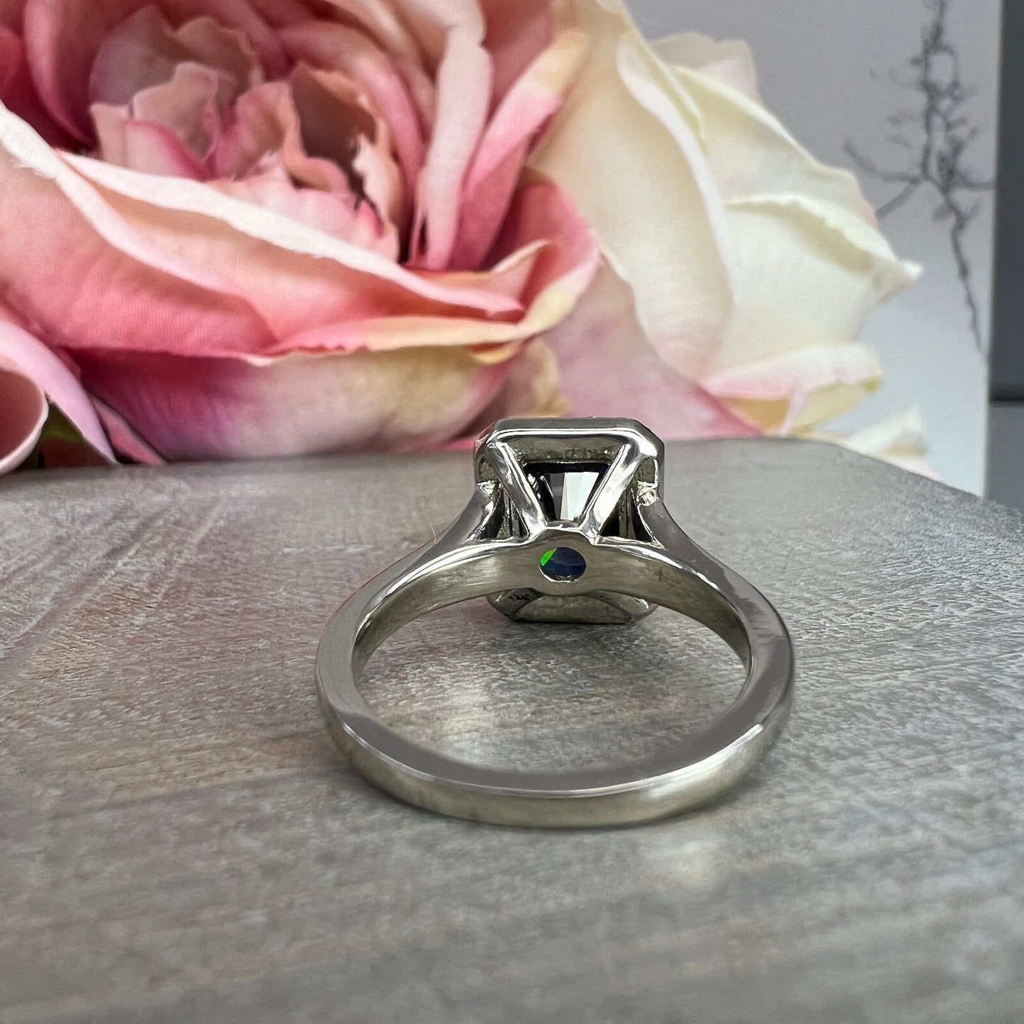 Blue Grey Moissanite Emerald Cut Halo White Gold Blue Gray Moissanite Engagement Ring Unique Blue Gray Anniversary Wedding Promise Ring