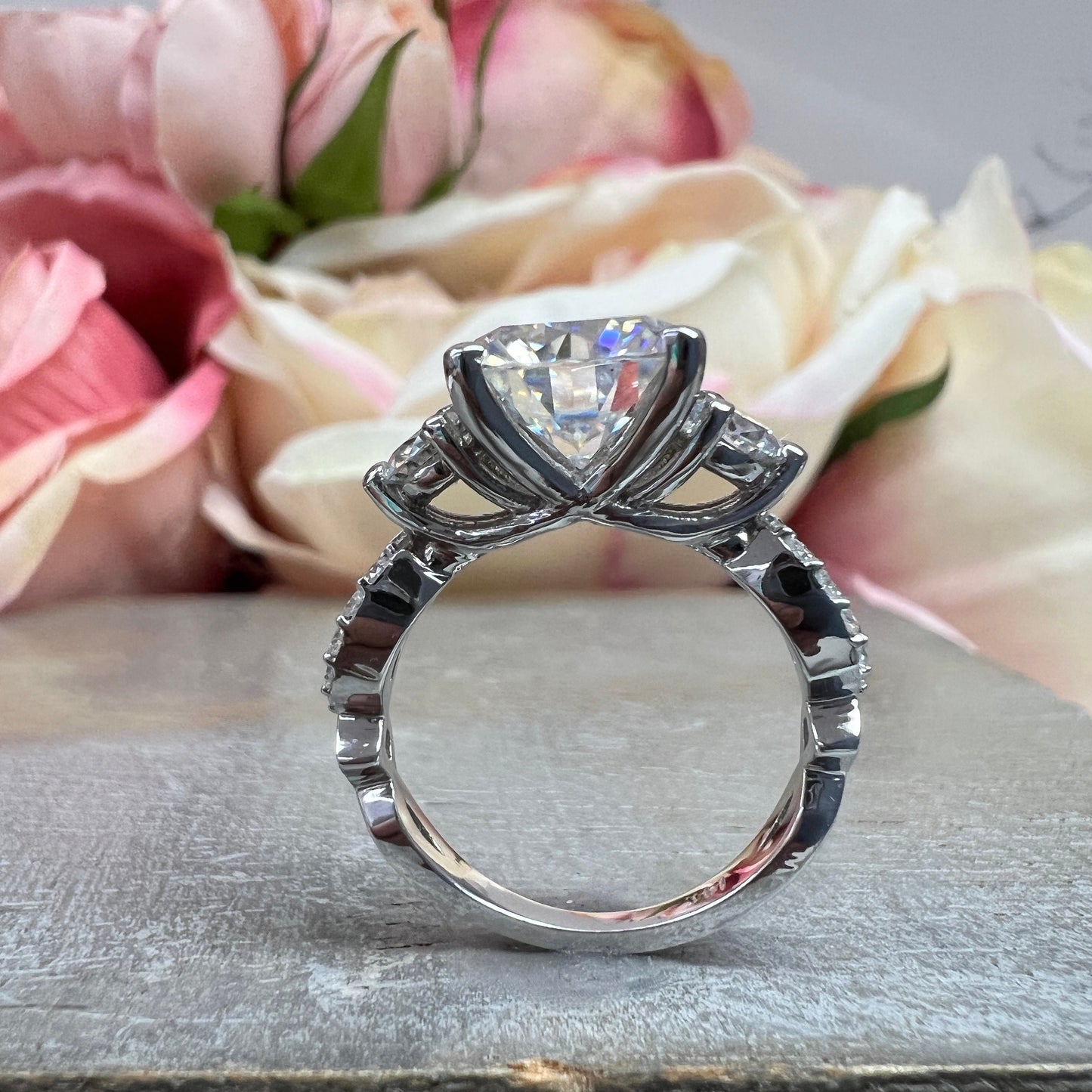 Round Shaped Moissanite Engagement Ring White Gold Three Stone Ring Women Unique Vintage Moissanite Wedding Anniversary Promise Ring #7388