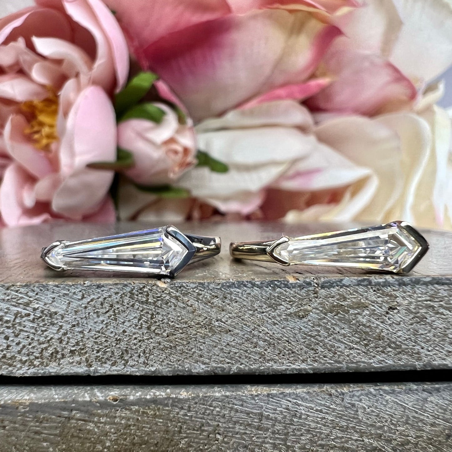 Elongated Kite Shape Unique Moissanite Ring Yellow Gold Dainty Stacking Moissanite Ring Women Unique Kite Shape Sideways Dainty Ring #7418