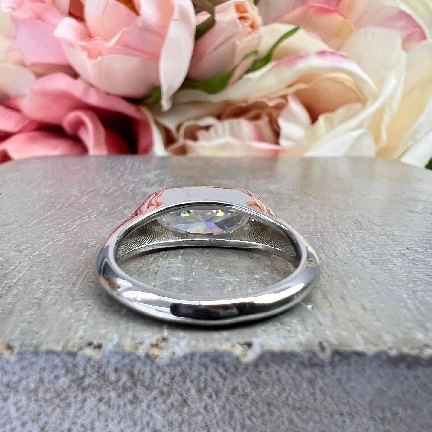 Elongated Oval Moissanite East West Elongated Oval Moissanite White Gold Bezel Set Moissanite Unique Moissanite Promise Wedding Ring #7353