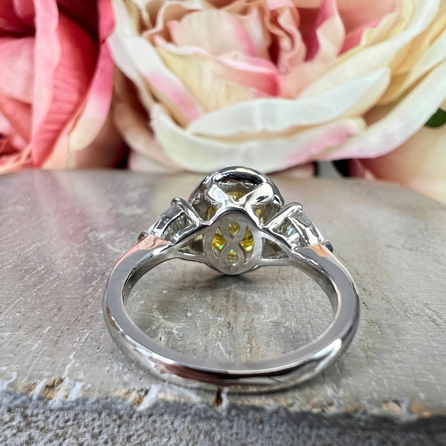 Oval Shaped Yellow Moissanite Engagement Ring White Gold Three Stone Moissanite Engagement Rings Unique Vintage Wedding Promise Ring #7403