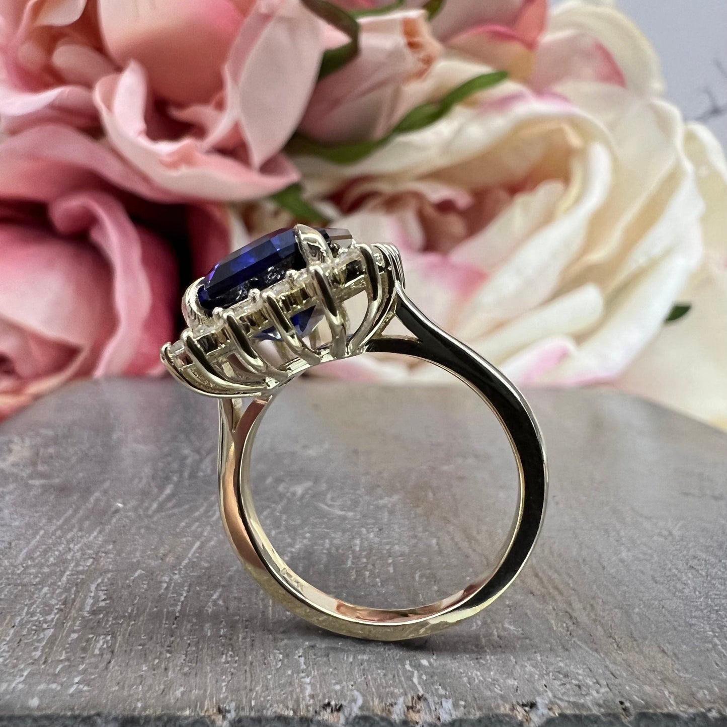 Blue Sapphire Engagement Rings For Women 14K White Gold, Unique Vintage Blue Sapphire Halo Engagement Ring, Emerald Cut Sapphire Rings