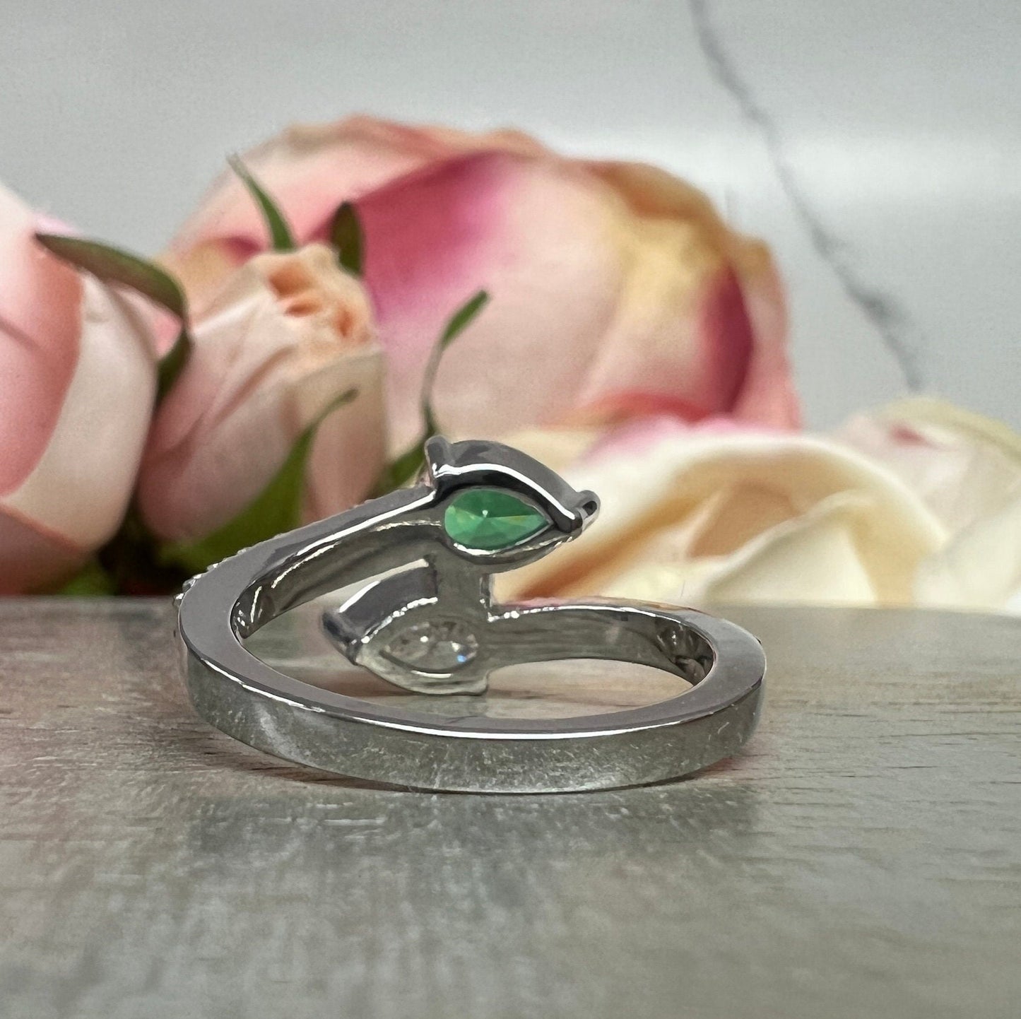 Emerald and Moissanite Pear Shape Bypass Ring White Gold Two Stone Engagement Ring For Women Birthstone Ring Unique Anniversary Rings #7434