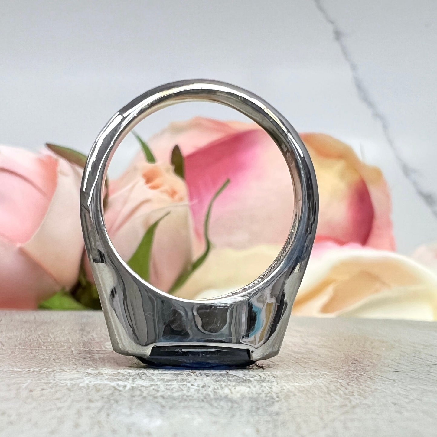 Elongated Oval Blue Sapphire East West Ring White Gold Bezel Set Statement Ring For Women Unique Engagement Promise Anniversary Ring 7433