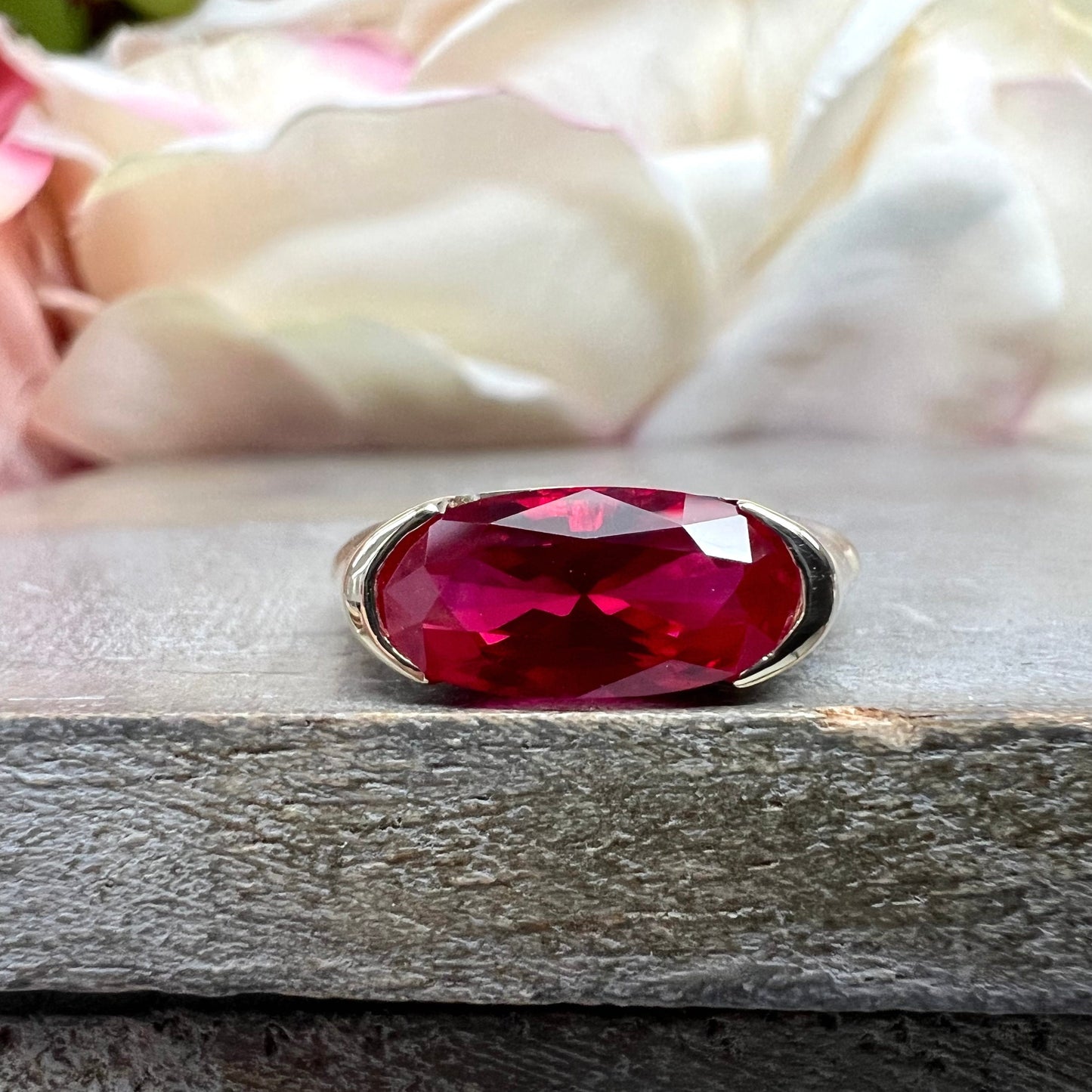 Elongated Oval Ruby East West White Gold Bezel Set , Ruby Statement Ring For Women , Unique Ruby Engagement Promise Anniversary Ring #7433