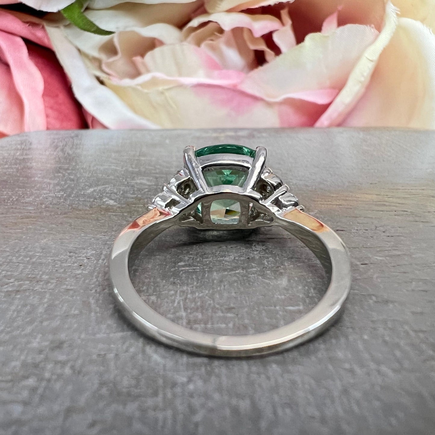 Paraiba Green Tourmaline Cushion Cut Engagement Ring , 14k Gold Cushion Cut and Round Diamond Cluster Ring , Round Moissanite Accents #6525