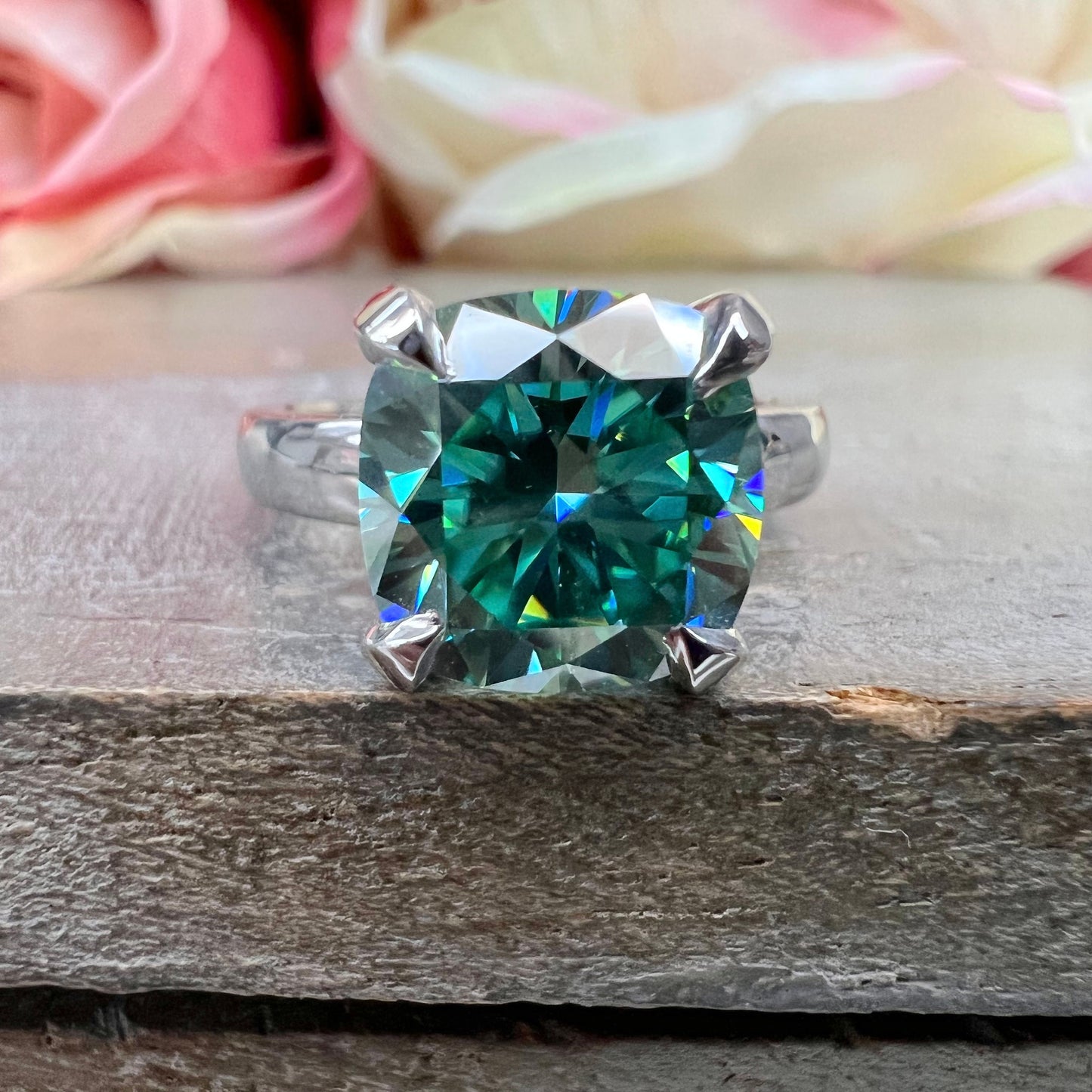 Teal Blue Moissanite Engagement Rings For Women White Gold Cushion Cut Unique Blue Moissanite Engagement Rings Solitaire  Promise Ring #7909