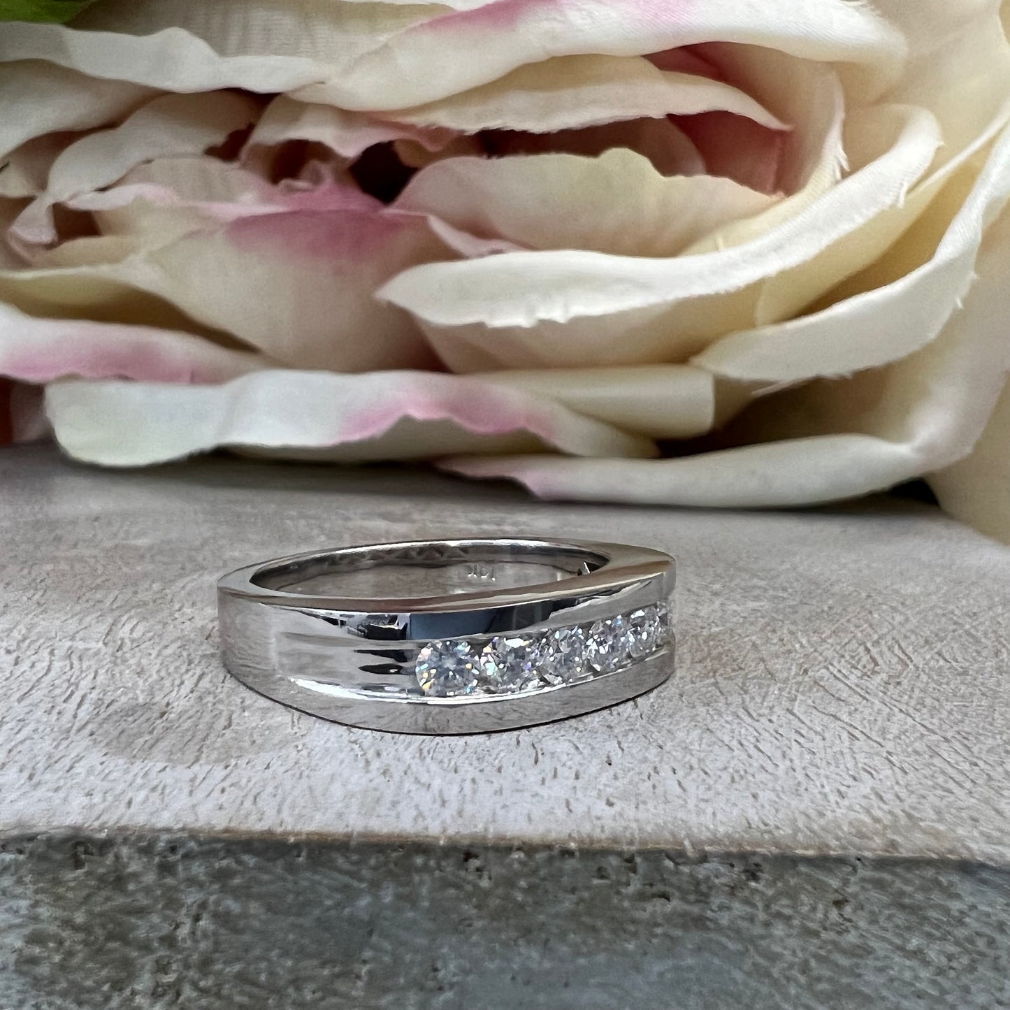 Mens Moissanite Wedding Band White Gold Six Stone Moissanite Wedding Band Unique Mens Band Moissanite Anniversary Band Ring For Men #7428