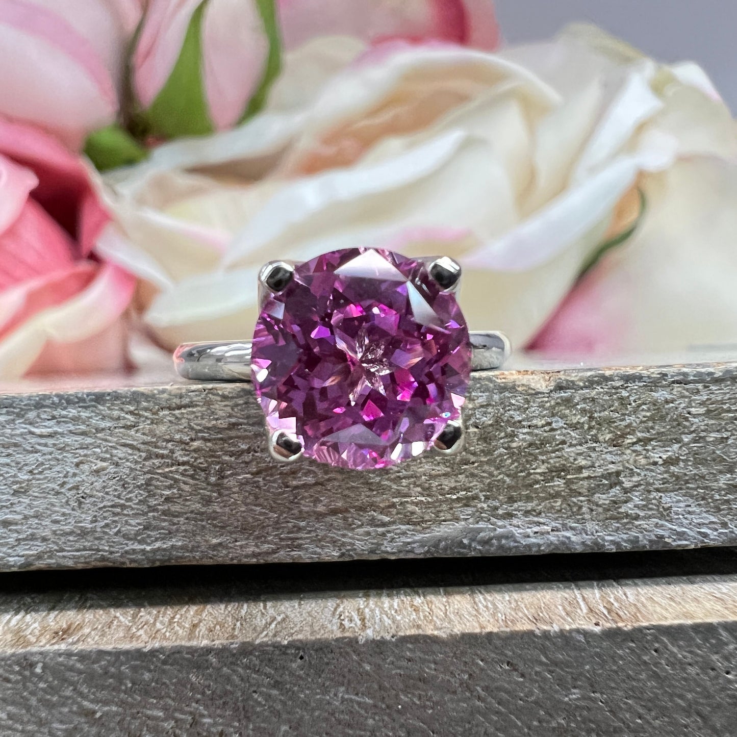 Round Pink Sapphire Solitaire Ladies Ring, Round Extra Facet Solitaire Engagement Ring, 14k White Gold Pink Sapphire Statement Ring #6465